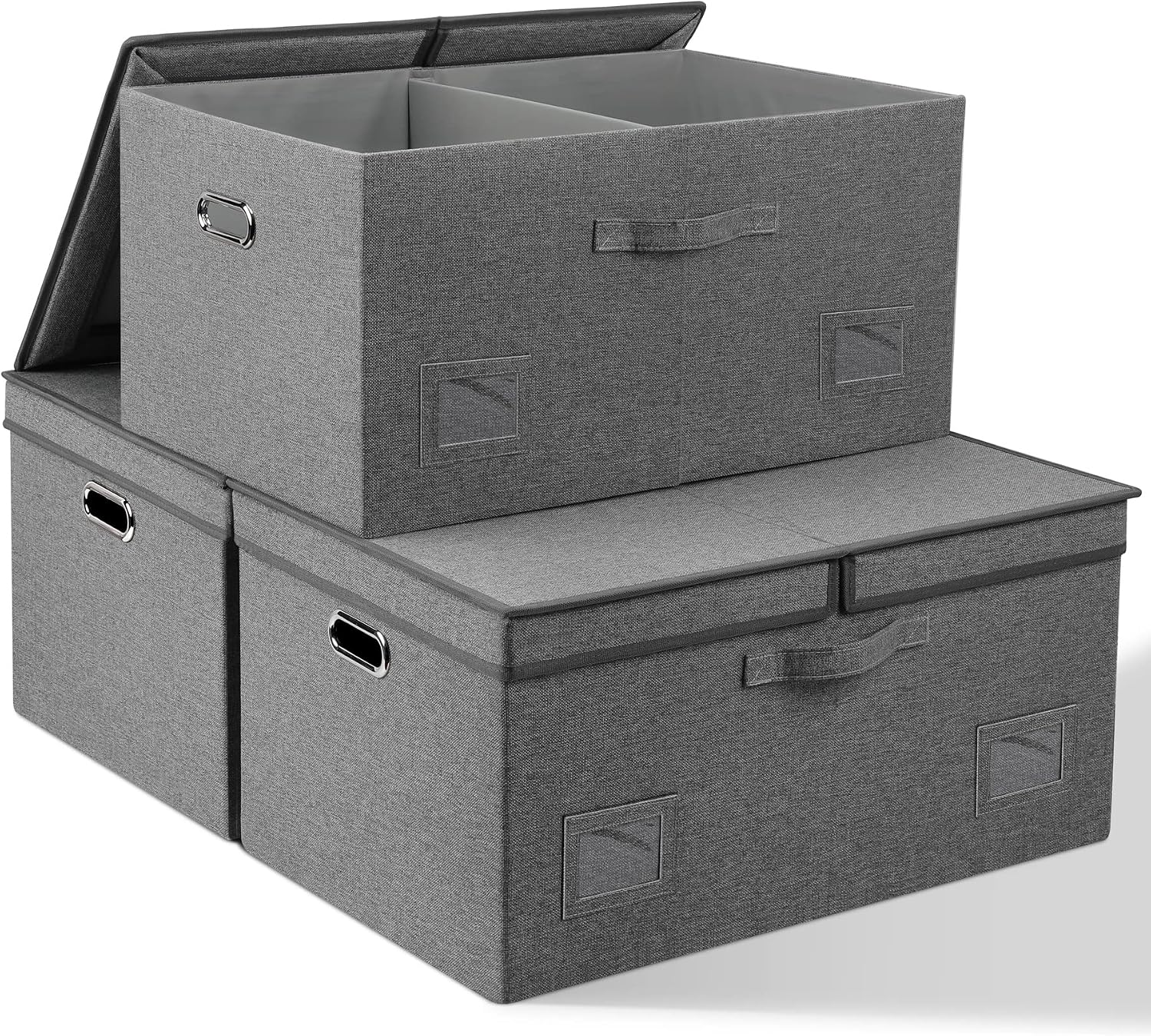 Graciadeco Large Quart Collapsible Stackable Storage Bins with Lids, 3 Packs Beige Linen Fabric Closet Boxes with Lids