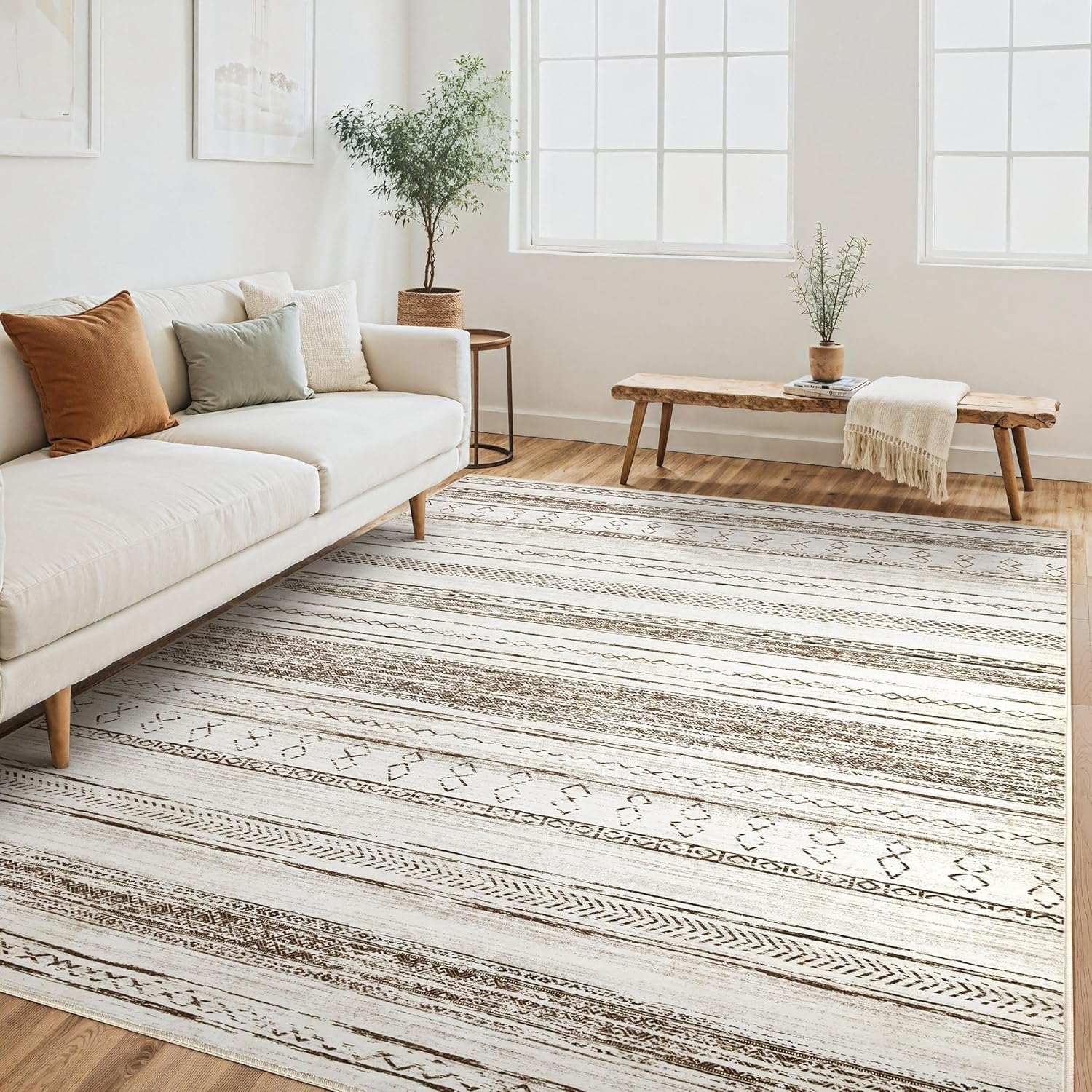 Tortania Area Rug Living Room Rugs - 10x12 Washable Large Soft Neutral Boho Moroccan Bohemian Farmhouse Rug Indoor Floor Carpet for Bedroom Under