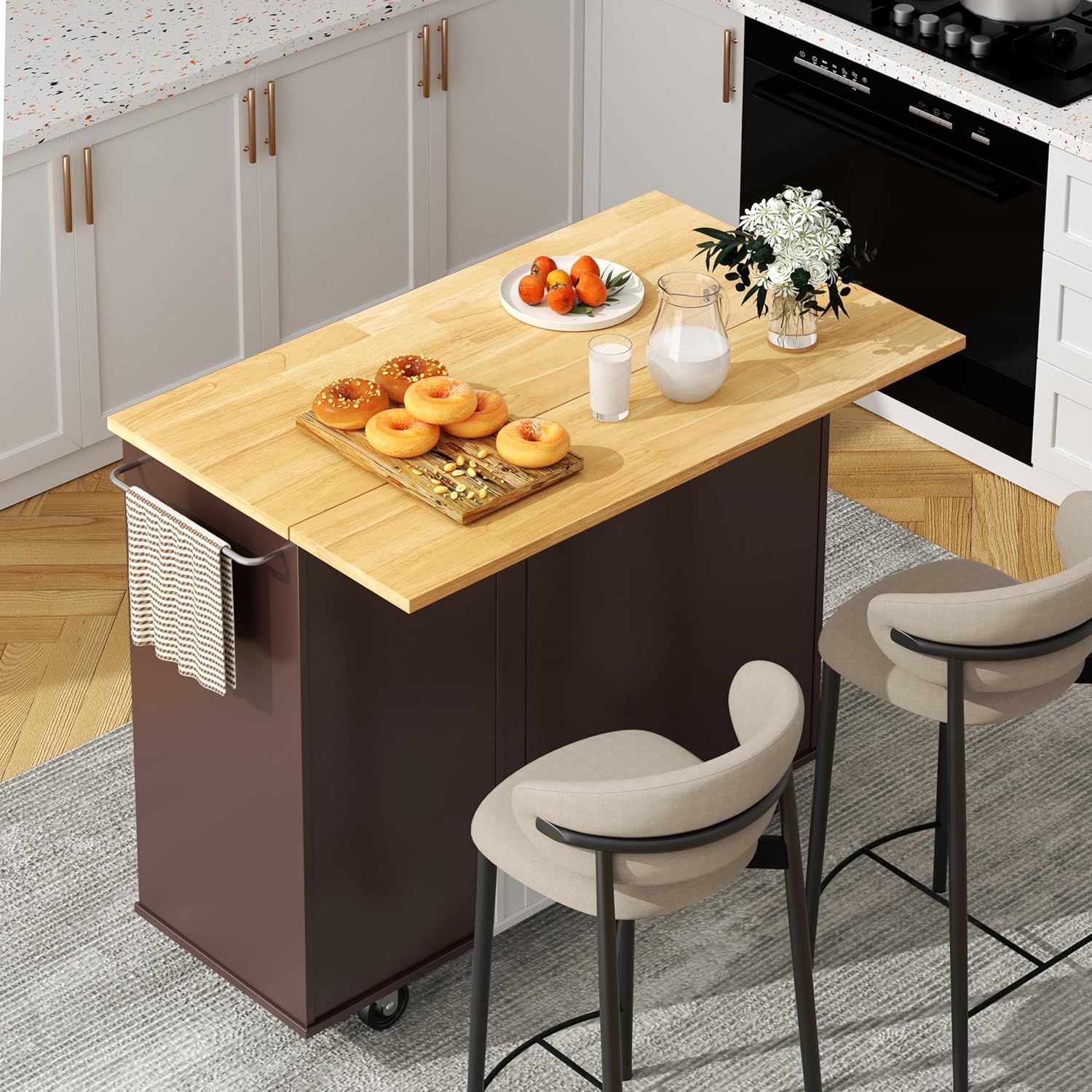 Shintenchi Kitchen Island Cart with Storage, Rolling Kitchen Island Side Table on Wheels with Large Worktop, Storage Cabinet, Towel Rack