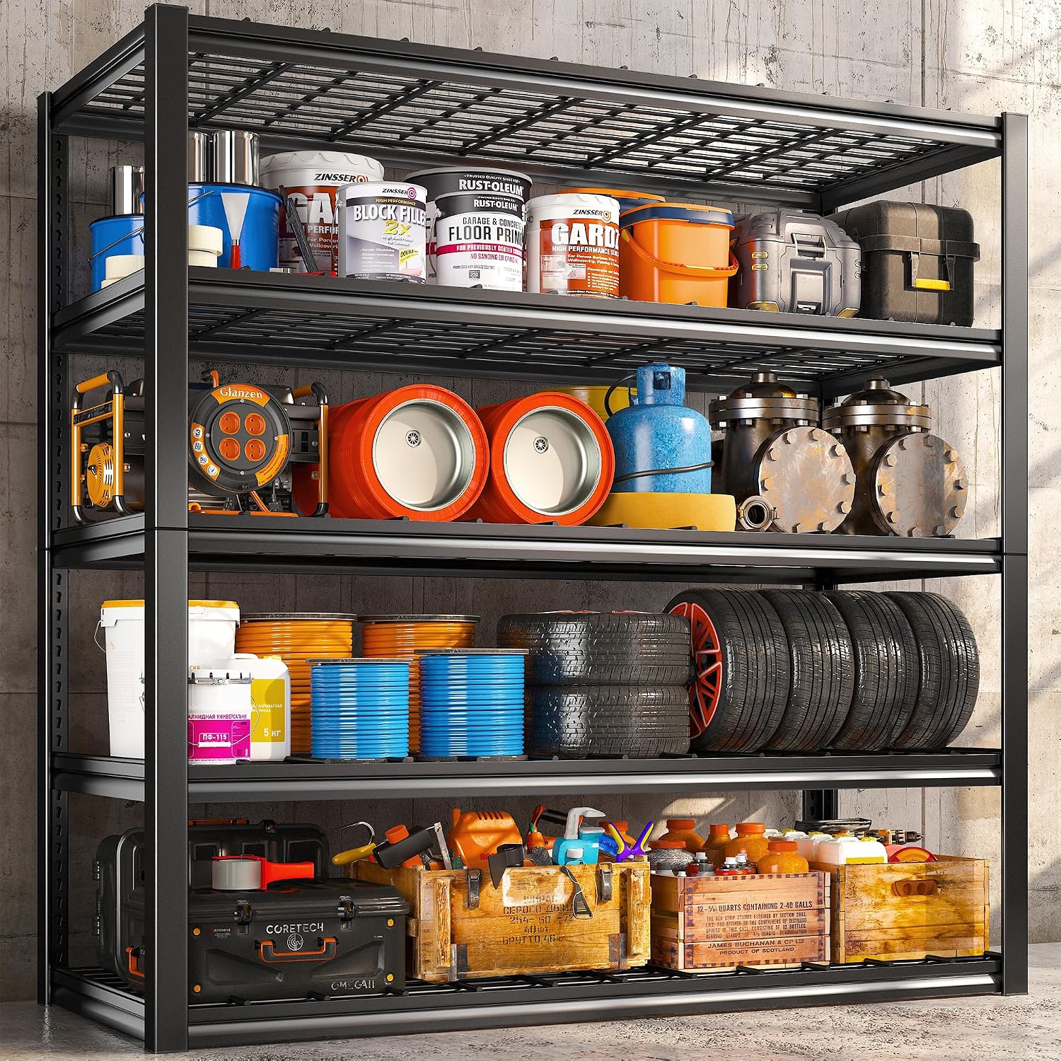 REIBII 5 Tier Garage Shelving for Garage, Adjustable Metal Shelving, 3000LBS Capacity, 36"W x 16"D x 72"H, Rust-Resistant, Solid Steel, Fits Pantry