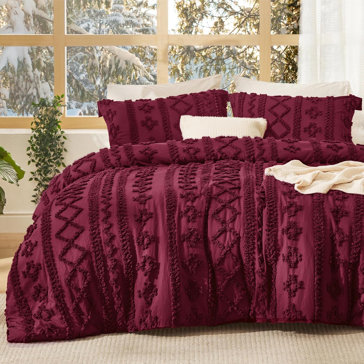 Bedsure Tufted Boho Comforter Set Queen Size - Linen Boho Bed Set, GentleSoft™ 3 Pieces Farmhouse-Style Embroidery Bedding, Gifts for Woman