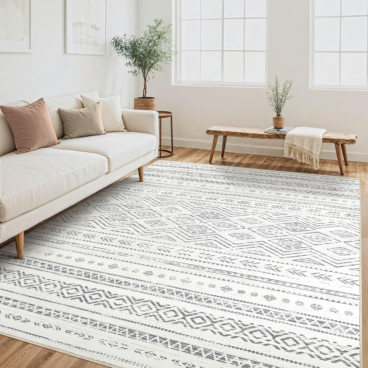 Tortania Area Rug Living Room Rugs - 10x12 Washable Large Soft Neutral Boho Moroccan Bohemian Farmhouse Rug Indoor Floor Carpet for Bedroom Under
