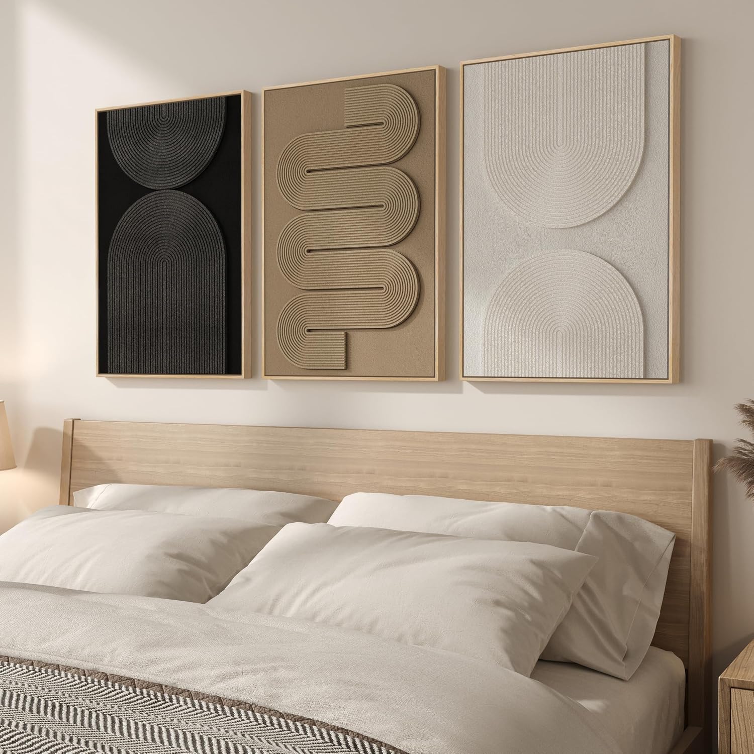 Large 3D Textured Framed Boho Modern Neutral Abstract Wall Art for Living Room, 3 Piece Black White Brown Paintings Artwork for Walls