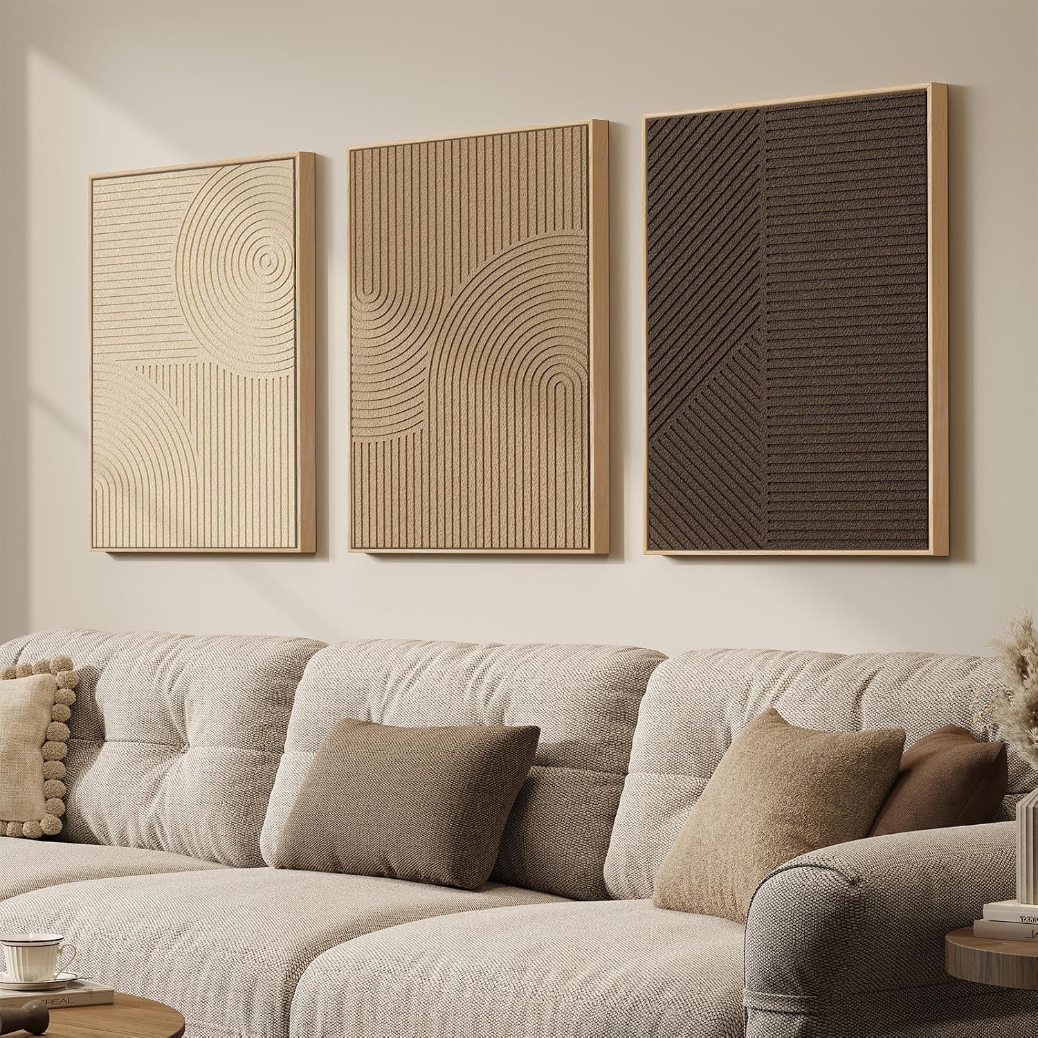 3D Wood Textured Large Neutral Abstract Wall Art, Modern Beige Brown Geometric Paintings Artwork for Walls-Minimalist Wooden Wall Art Decor for Living