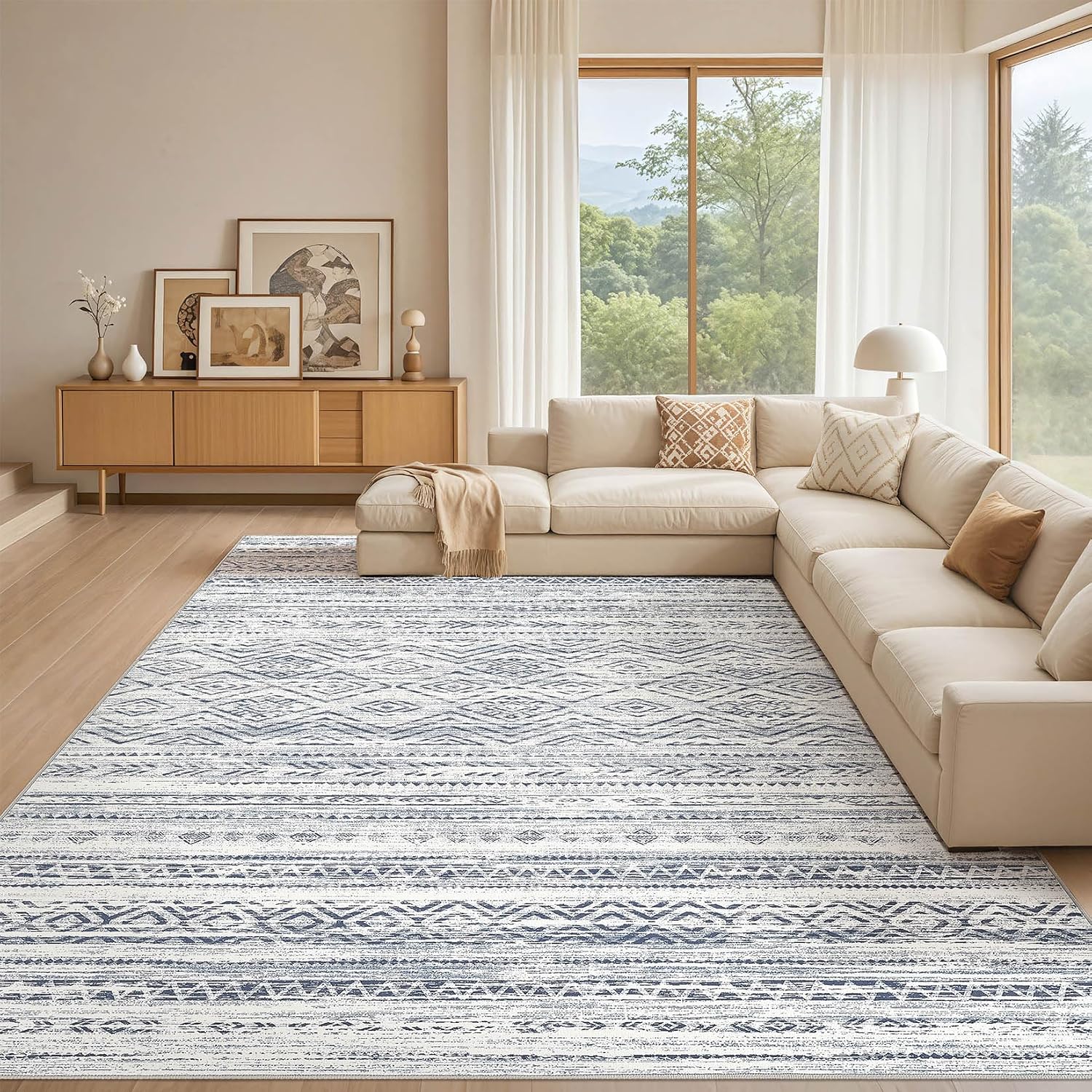 Tortania Area Rug Living Room Rugs - 10x12 Washable Large Soft Neutral Boho Moroccan Bohemian Farmhouse Rug Indoor Floor Carpet for Bedroom Under