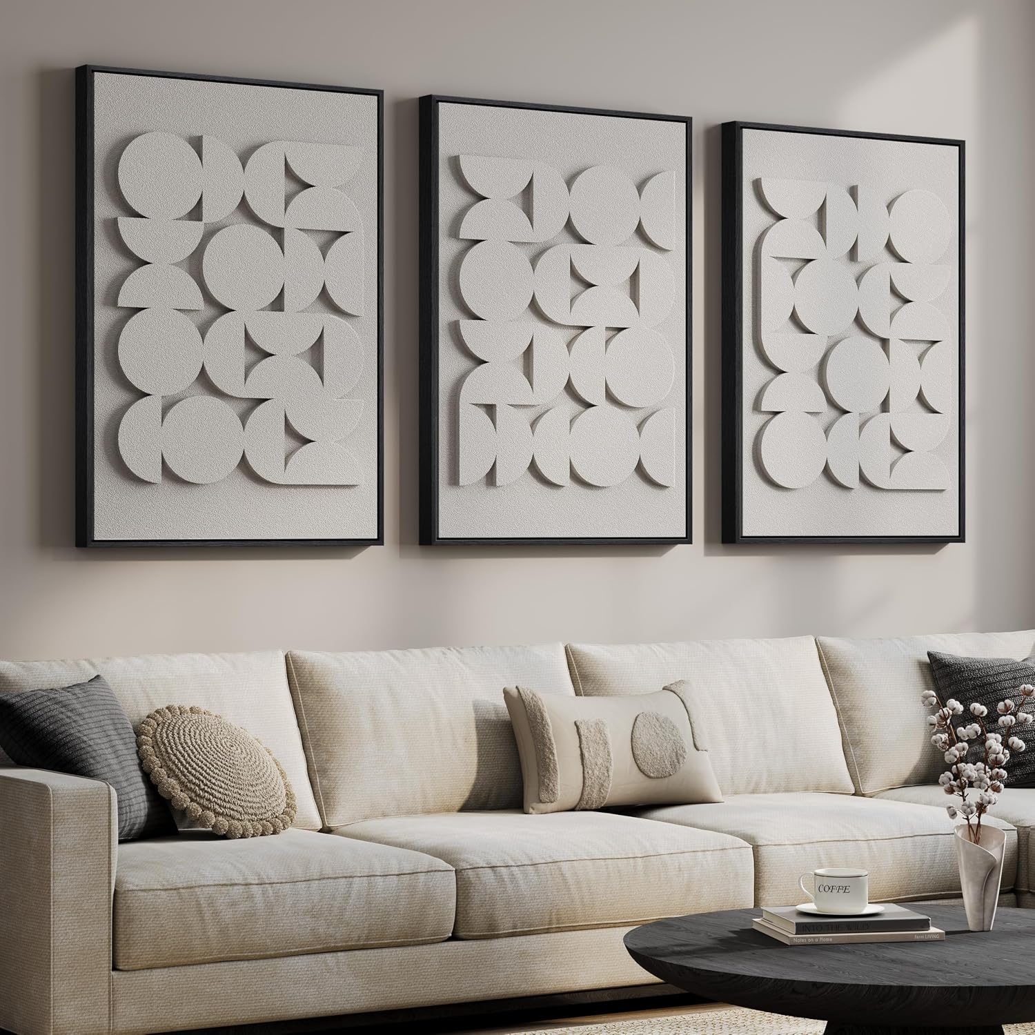 Large 3D Textured Framed Boho Modern Neutral Abstract Wall Art for Living Room, 3 Piece Black White Brown Paintings Artwork for Walls