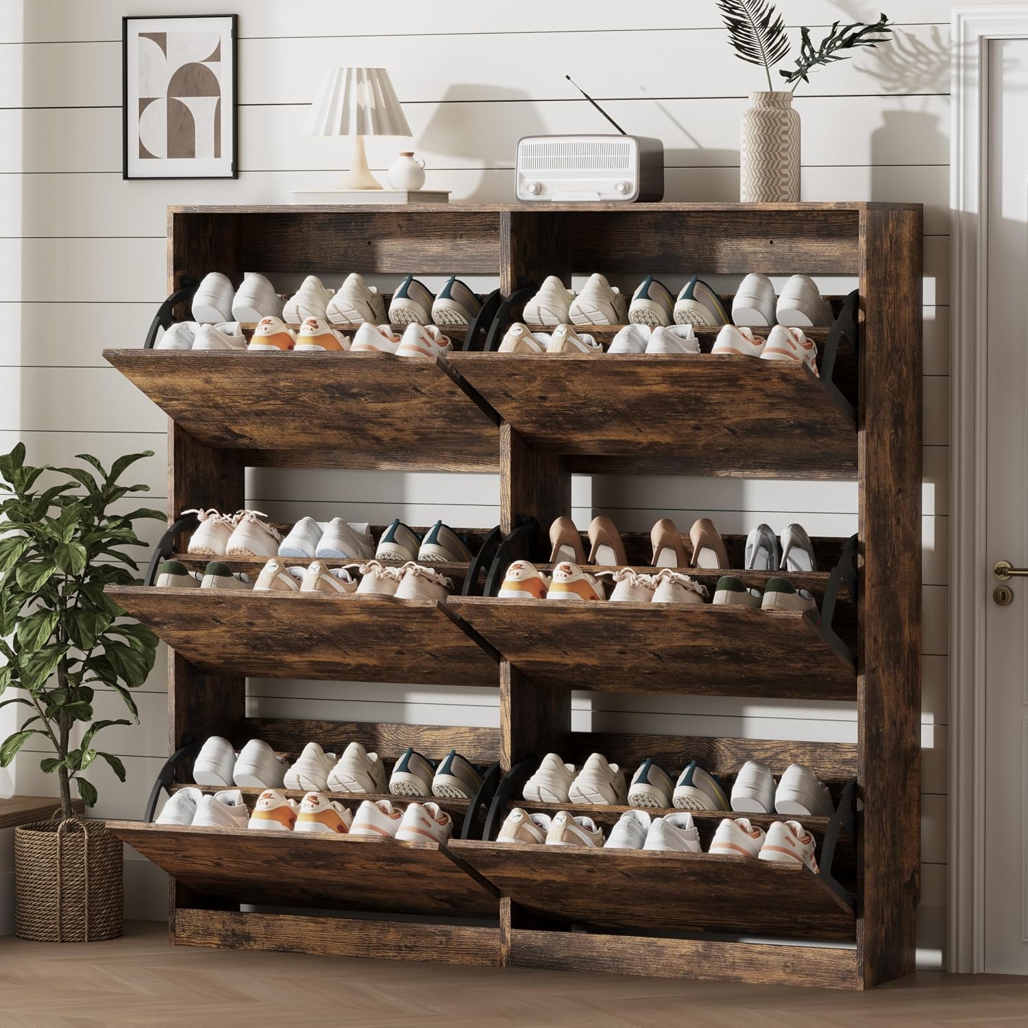 Shoe Storage Cabinet for Entryway with 3 Flip Drawers, Sturdy Wood Hidden Shoe Storage