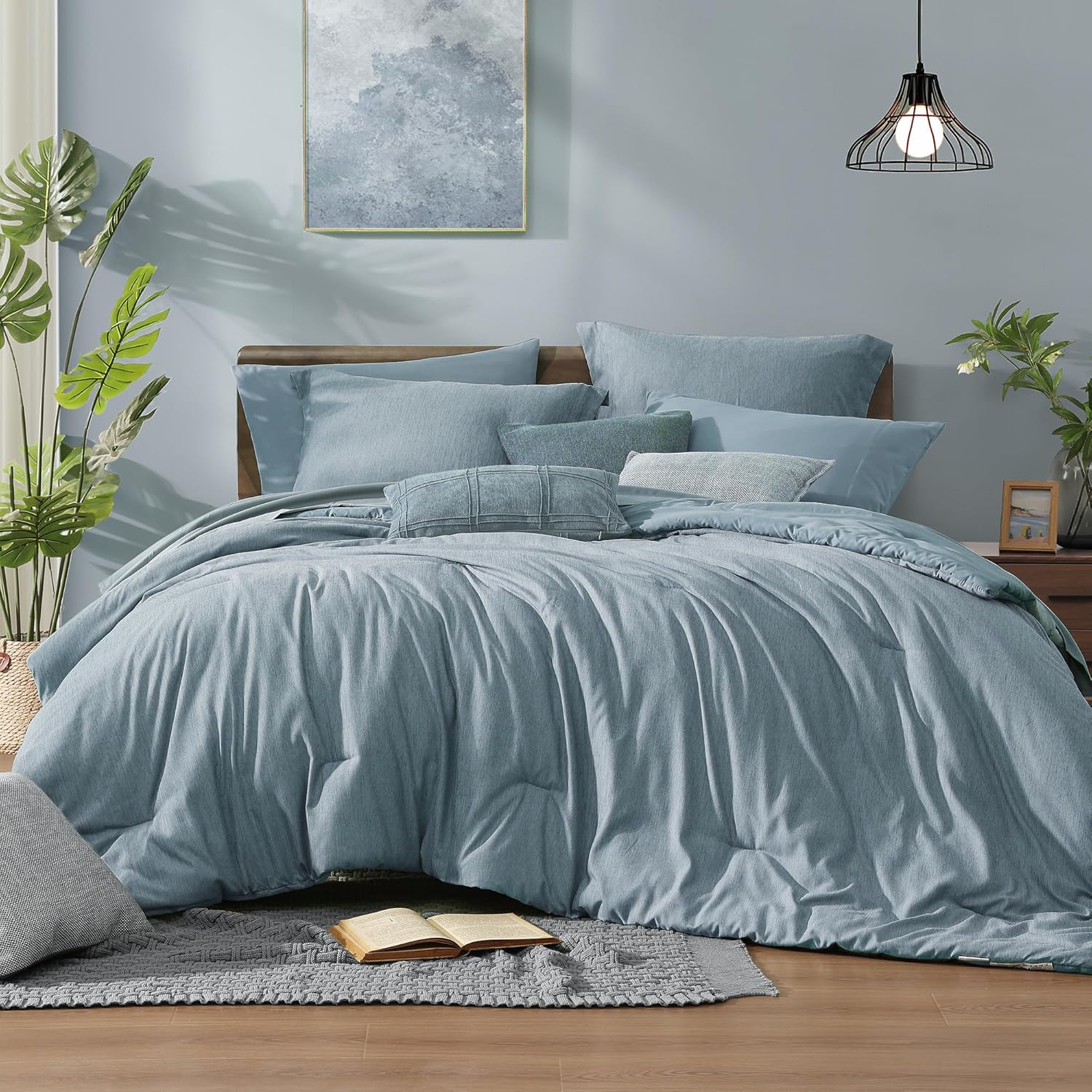 Monbix King Size Comforter Set, Olive Green King Bed Set Reversible, King Size Comforter Set 7 Pieces, Cationic Dyeing Bed in a Bag with Comforter