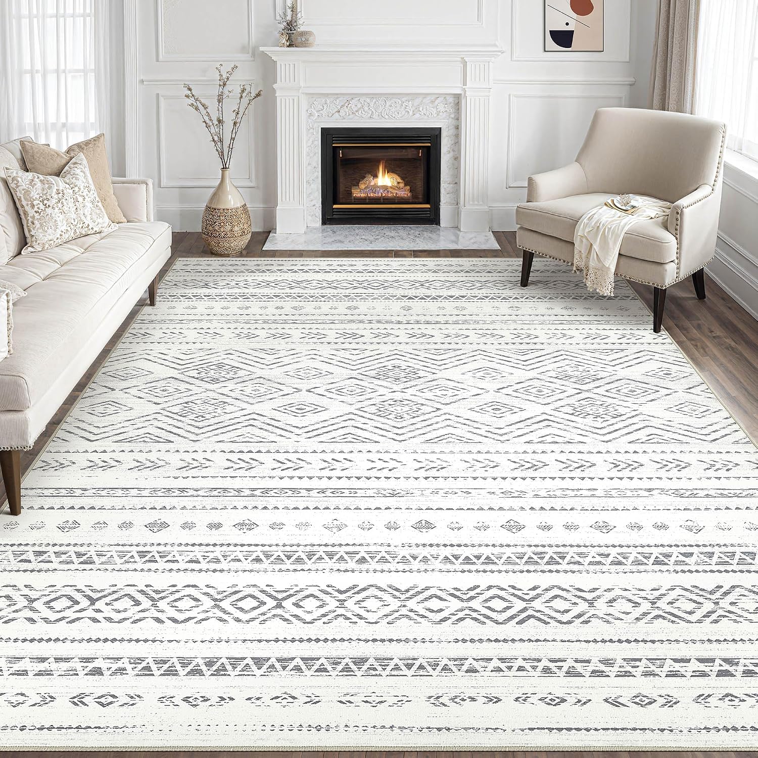 Tortania Area Rug Living Room Rugs - 10x12 Washable Large Soft Neutral Boho Moroccan Bohemian Farmhouse Rug Indoor Floor Carpet for Bedroom Under