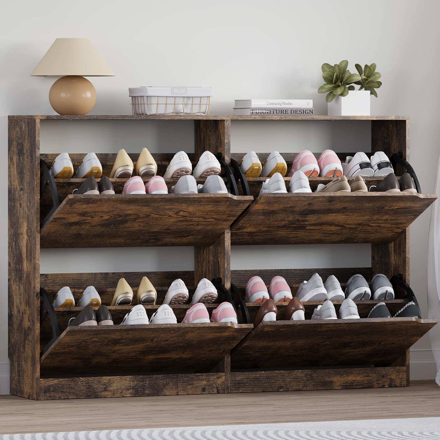 BORNOON Shoe Cabinet with Odor Control and Back Panels, Deodorizing Slim 3-Flip Shoe Storage Cabinet for Entryway
