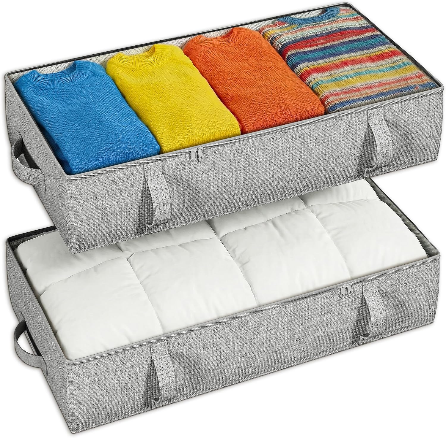 TidyCorner 2-Pack Under Bed Storage, 6 Inches Tall Closet Organizers and Storage Bins with Sturdy Sidewalls/Bottom/4 Handles, Beige