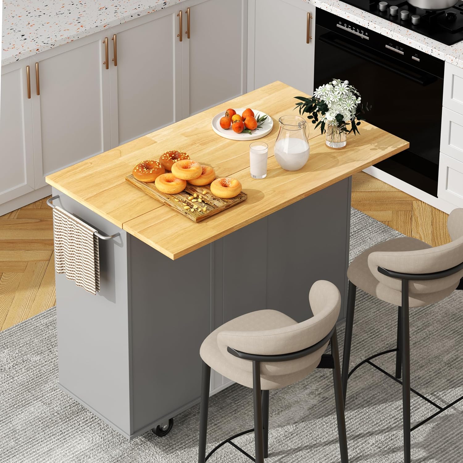 Shintenchi Kitchen Island Cart with Storage, Rolling Kitchen Island Side Table on Wheels with Large Worktop, Storage Cabinet, Towel Rack