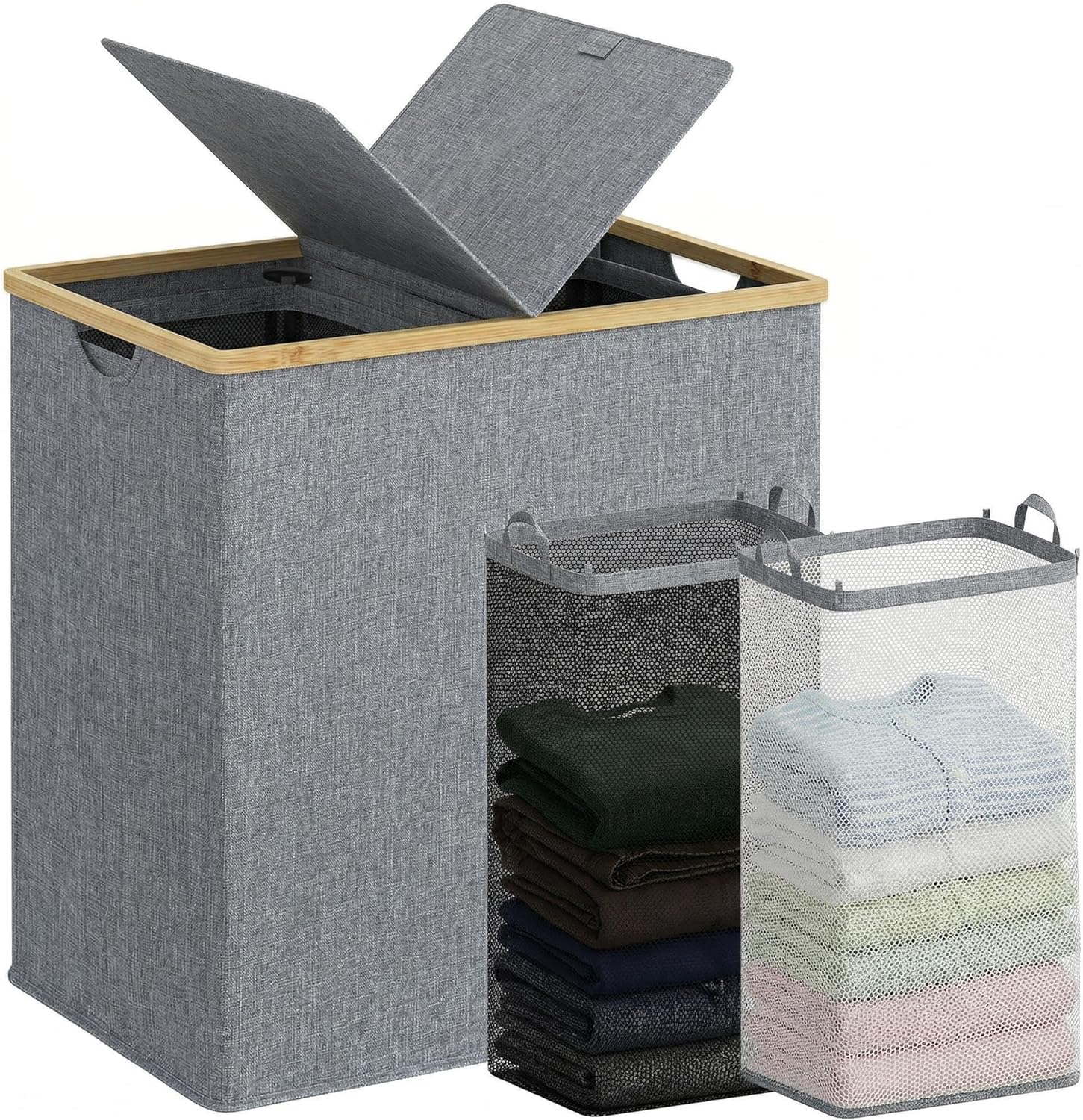 efluky Laundry Hamper with Lid, Double Laundry Basket with 2 Removable Bags, 2 Section Laundry Bin with Bamboo Handles for Bathroom