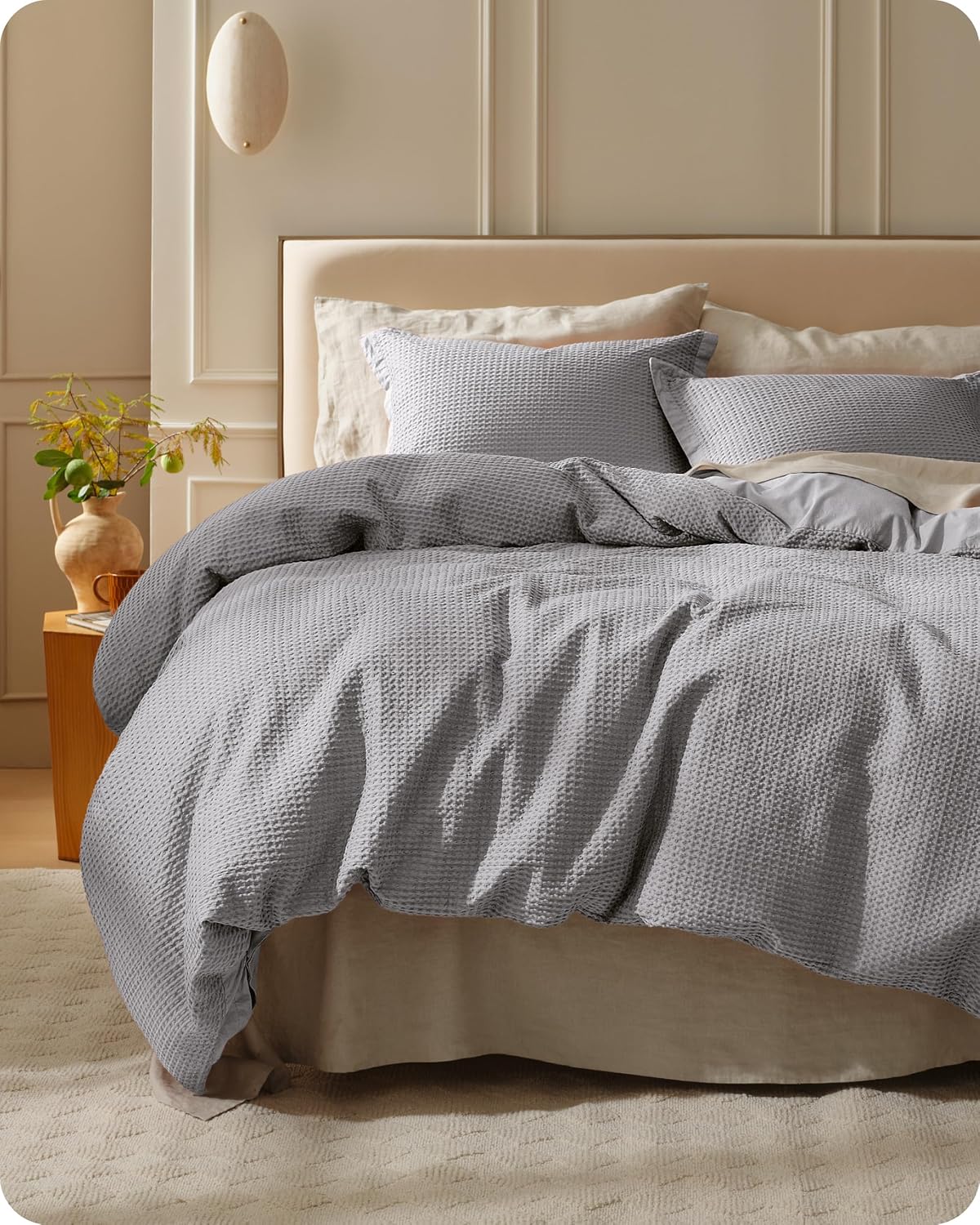Bedsure Cotton Duvet Cover Queen - 100% Cotton Waffle Weave Coconut White Duvet Cover Queen Size, PureWoven Breathable Bedding Set for All Season