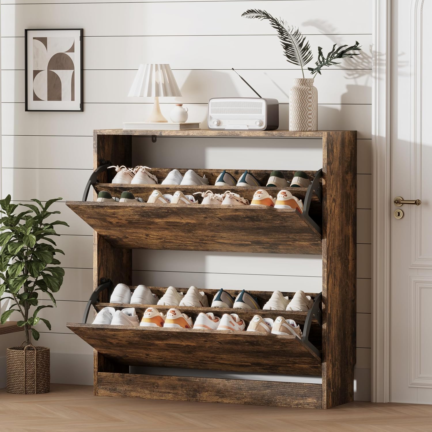 Shoe Storage Cabinet for Entryway with 3 Flip Drawers, Sturdy Wood Hidden Shoe Storage