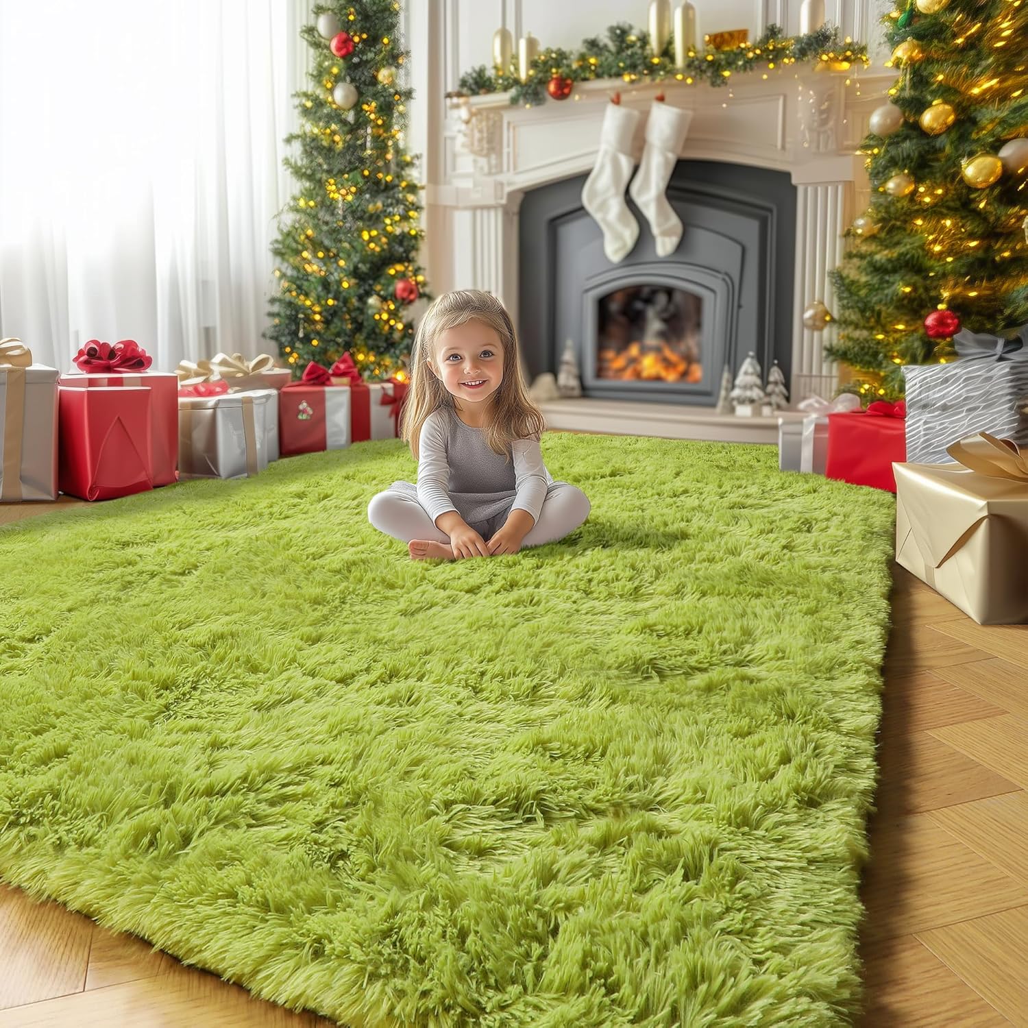 Amdrebio Grass Green Rugs for Living Room Bedroom Decor Aesthetic, 9x12 Large Fluffy Shag Area Rug for Kids Room Baby Nursery Teen Girls Boys