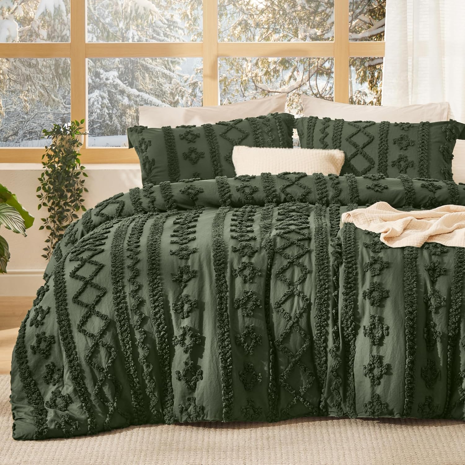 Bedsure Tufted Boho Comforter Set Queen Size - Linen Boho Bed Set, GentleSoft™ 3 Pieces Farmhouse-Style Embroidery Bedding, Gifts for Woman