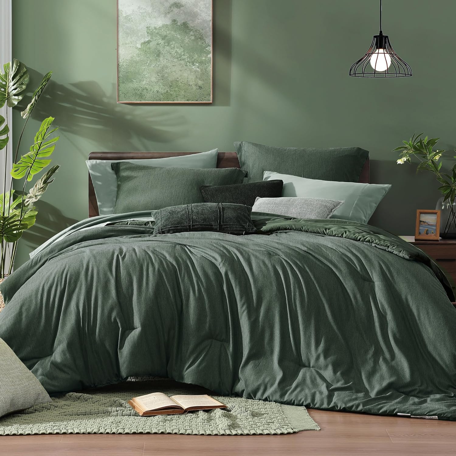 Monbix King Size Comforter Set, Olive Green King Bed Set Reversible, King Size Comforter Set 7 Pieces, Cationic Dyeing Bed in a Bag with Comforter