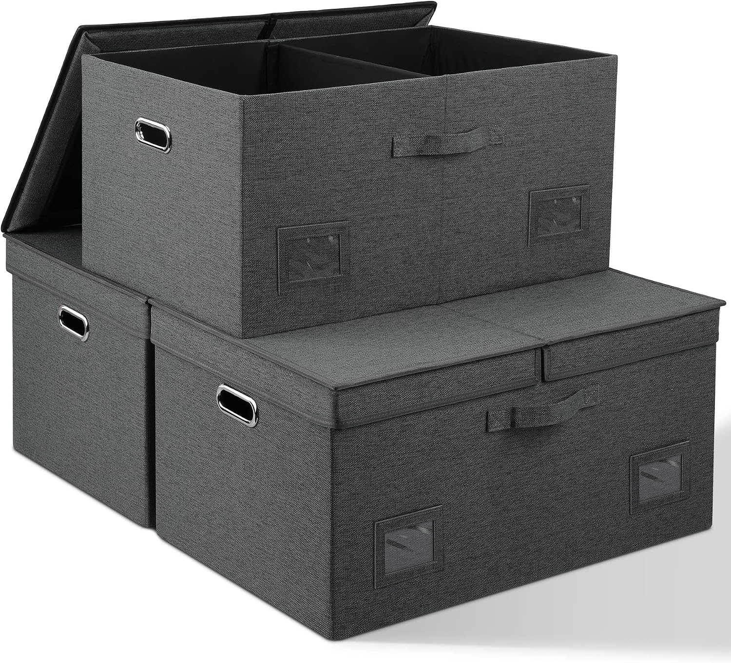 Graciadeco Large Quart Collapsible Stackable Storage Bins with Lids, 3 Packs Beige Linen Fabric Closet Boxes with Lids