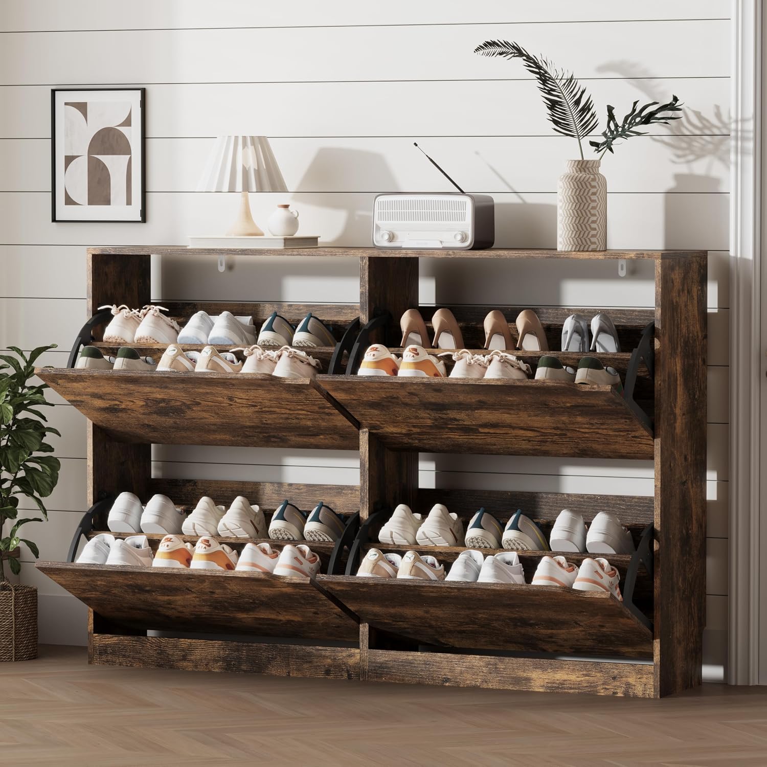 Shoe Storage Cabinet for Entryway with 3 Flip Drawers, Sturdy Wood Hidden Shoe Storage