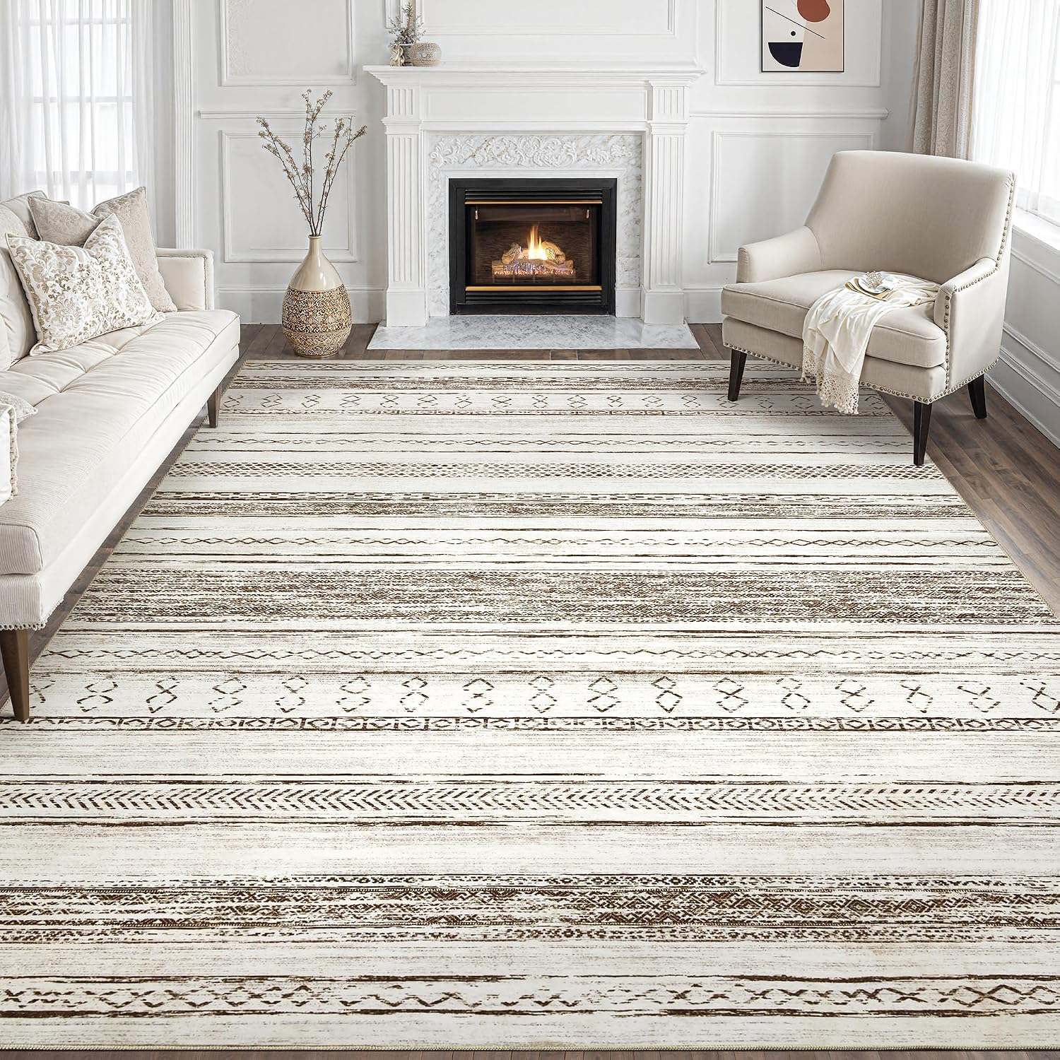 Tortania Area Rug Living Room Rugs - 10x12 Washable Large Soft Neutral Boho Moroccan Bohemian Farmhouse Rug Indoor Floor Carpet for Bedroom Under