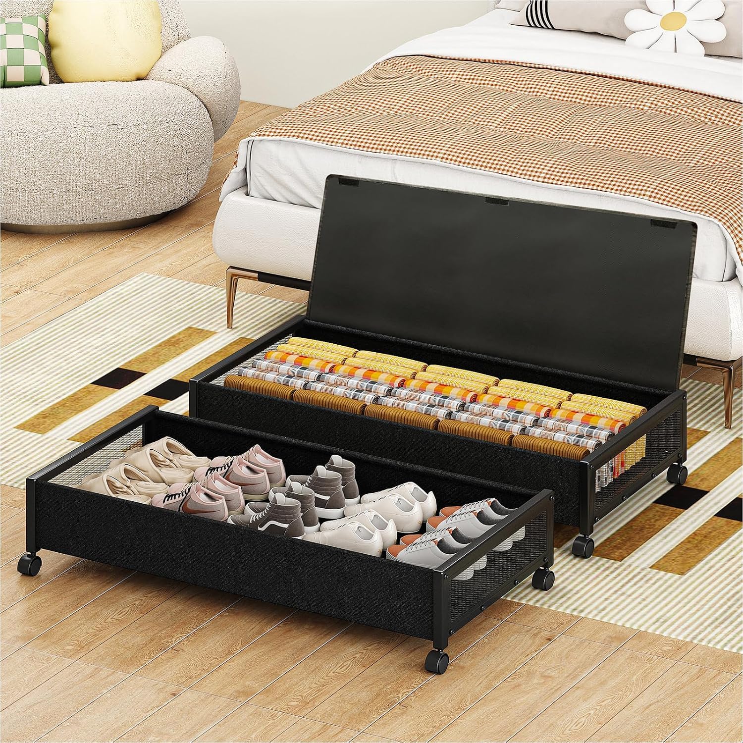 Fokyfok 2 Pack Under the Bed Storage Containers, 10 inch Height Under Bed Shoe Storage, 31inch Long Underbed Storage with Wheels