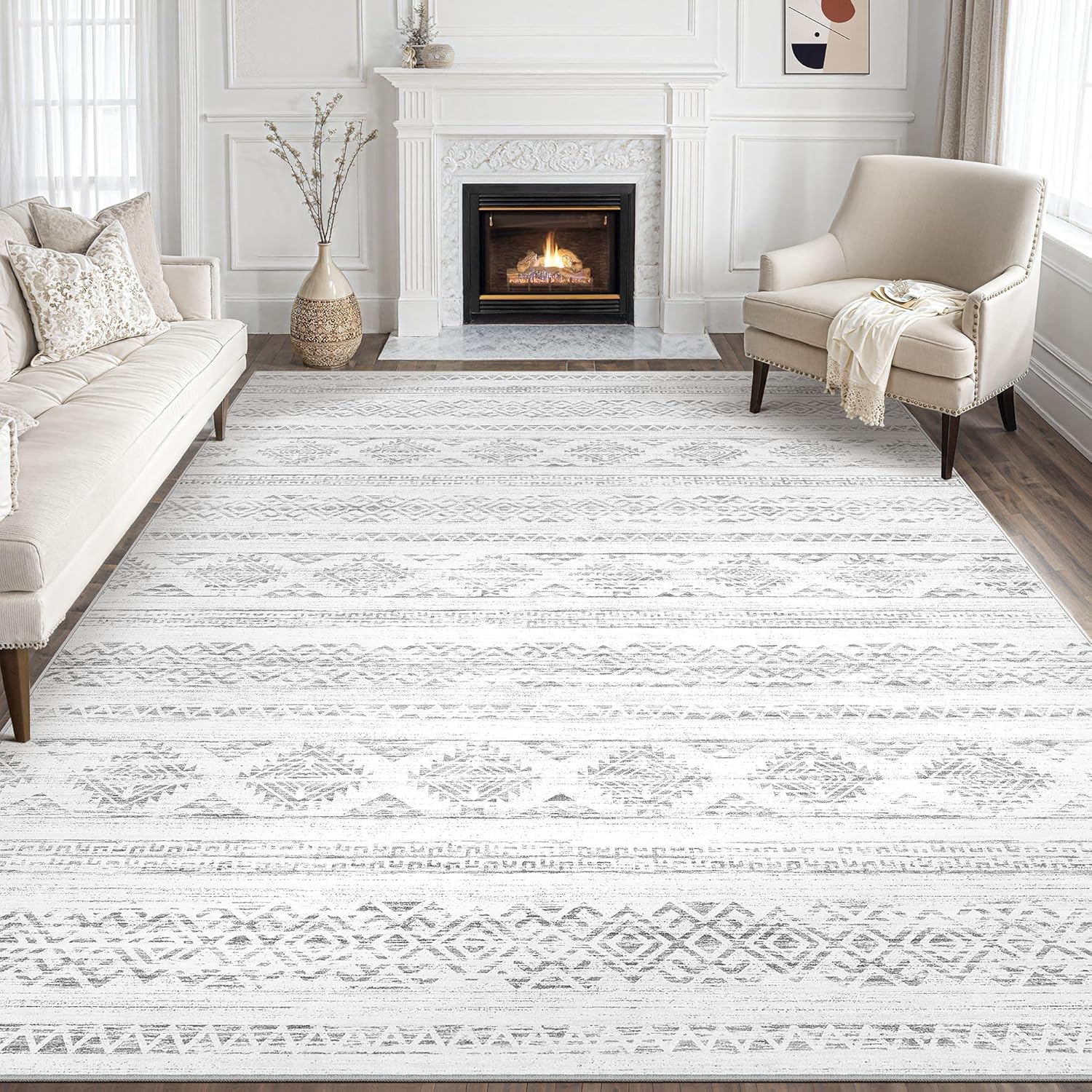 Tortania Area Rug Living Room Rugs - 10x12 Washable Large Soft Neutral Boho Moroccan Bohemian Farmhouse Rug Indoor Floor Carpet for Bedroom Under