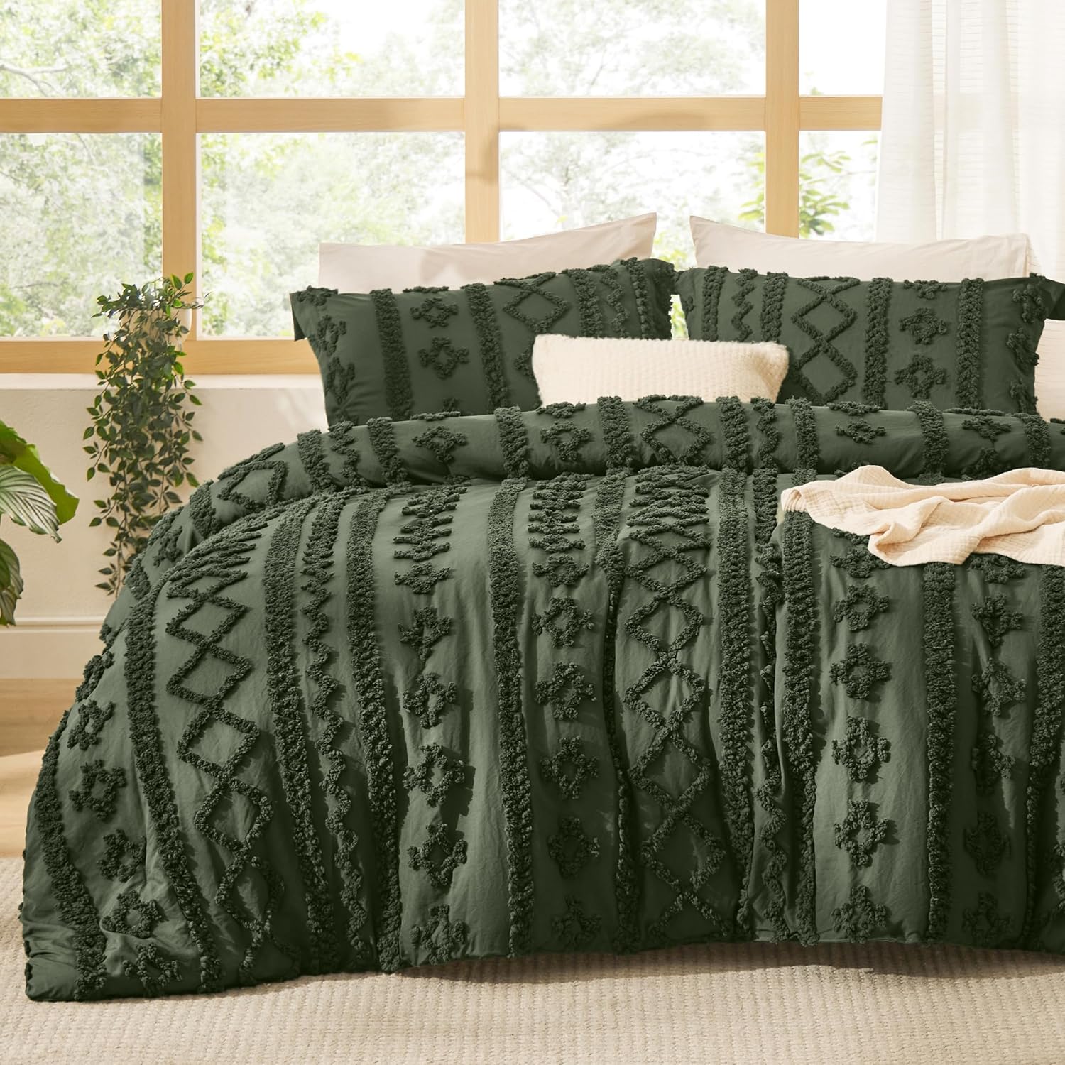 Bedsure Tufted Boho Comforter Set Queen Size - Linen Boho Bed Set, GentleSoft™ 3 Pieces Farmhouse-Style Embroidery Bedding, Gifts for Woman