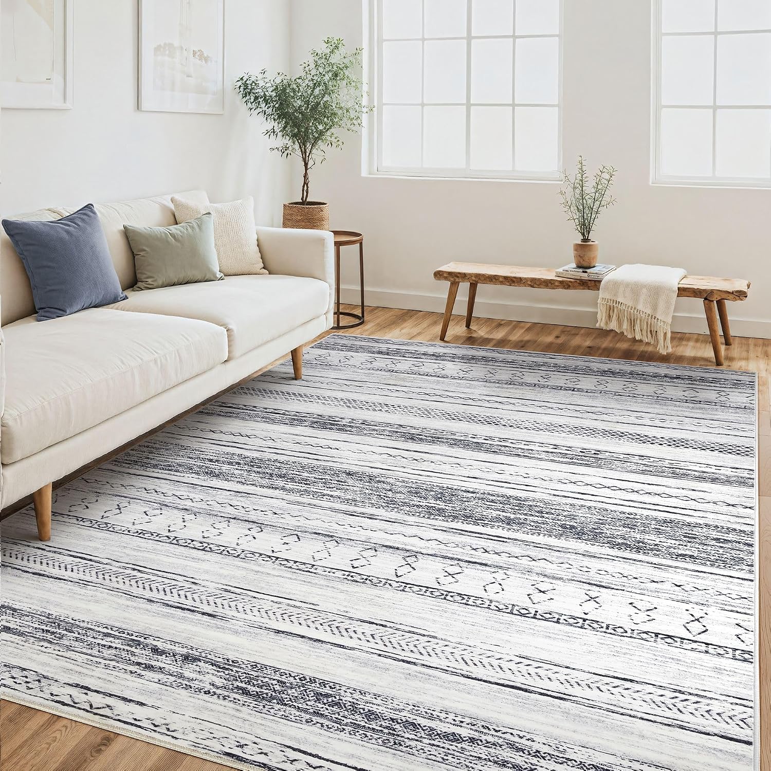 Tortania Area Rug Living Room Rugs - 10x12 Washable Large Soft Neutral Boho Moroccan Bohemian Farmhouse Rug Indoor Floor Carpet for Bedroom Under