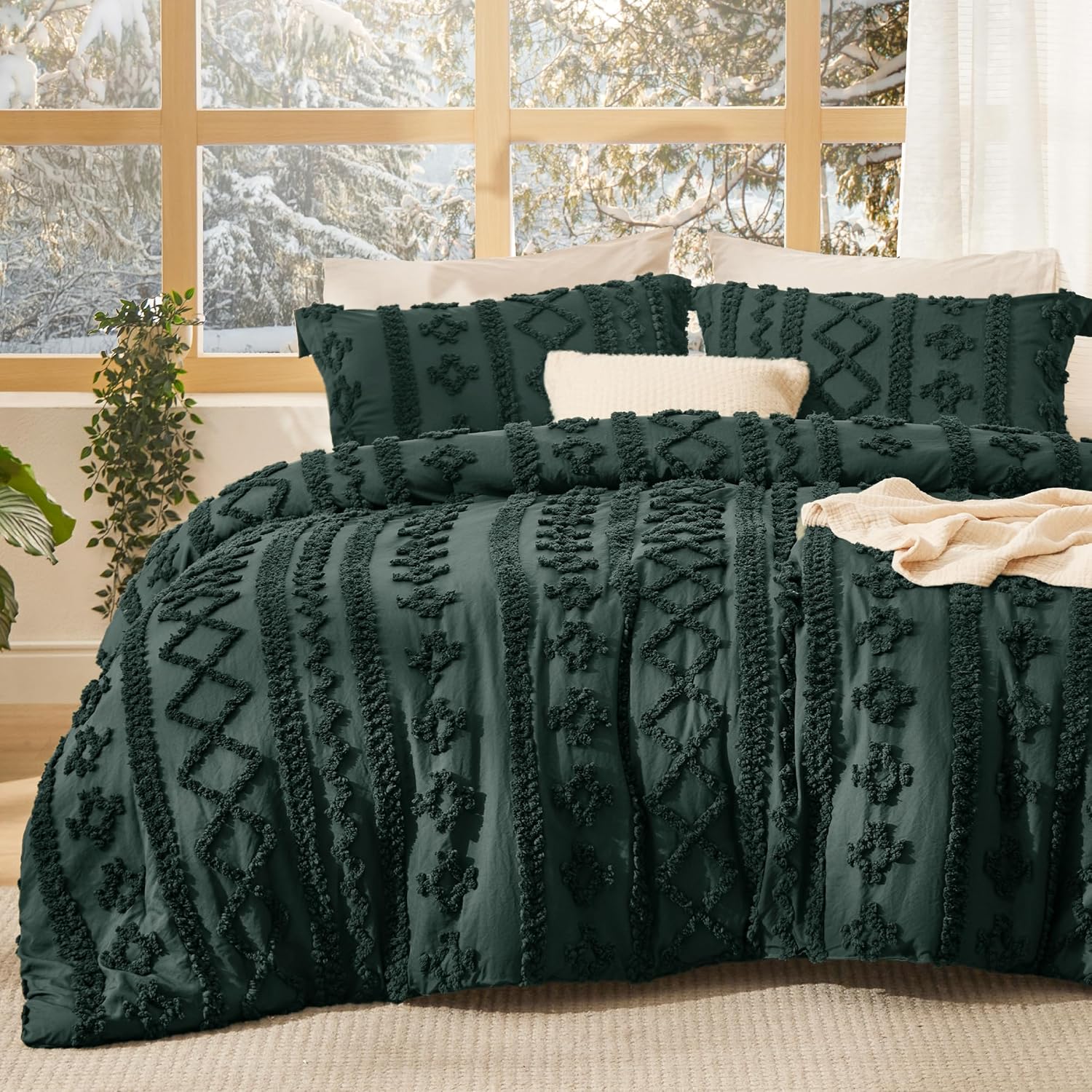 Bedsure Tufted Boho Comforter Set Queen Size - Linen Boho Bed Set, GentleSoft™ 3 Pieces Farmhouse-Style Embroidery Bedding, Gifts for Woman