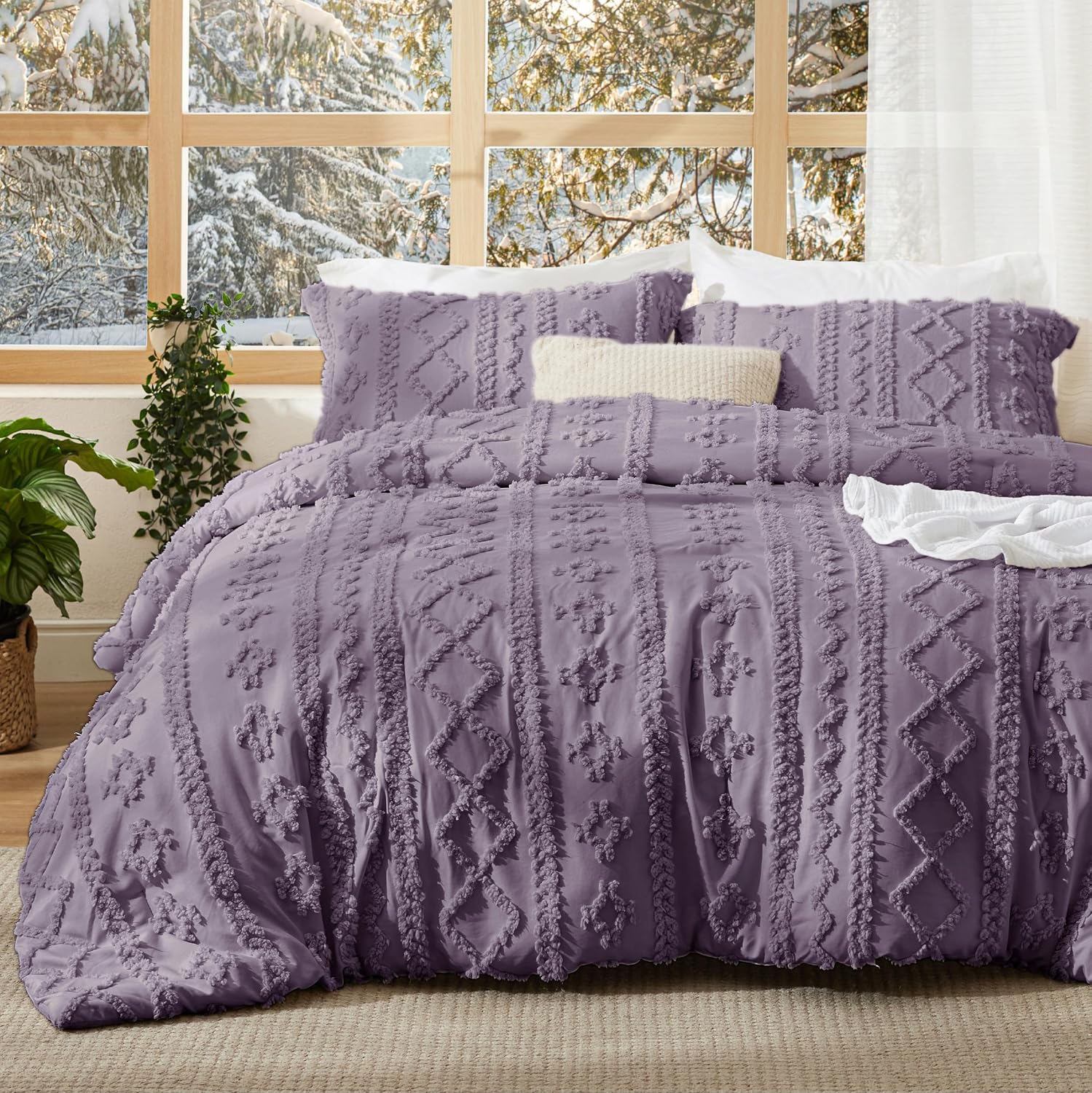 Bedsure Tufted Boho Comforter Set Queen Size - Linen Boho Bed Set, GentleSoft™ 3 Pieces Farmhouse-Style Embroidery Bedding, Gifts for Woman