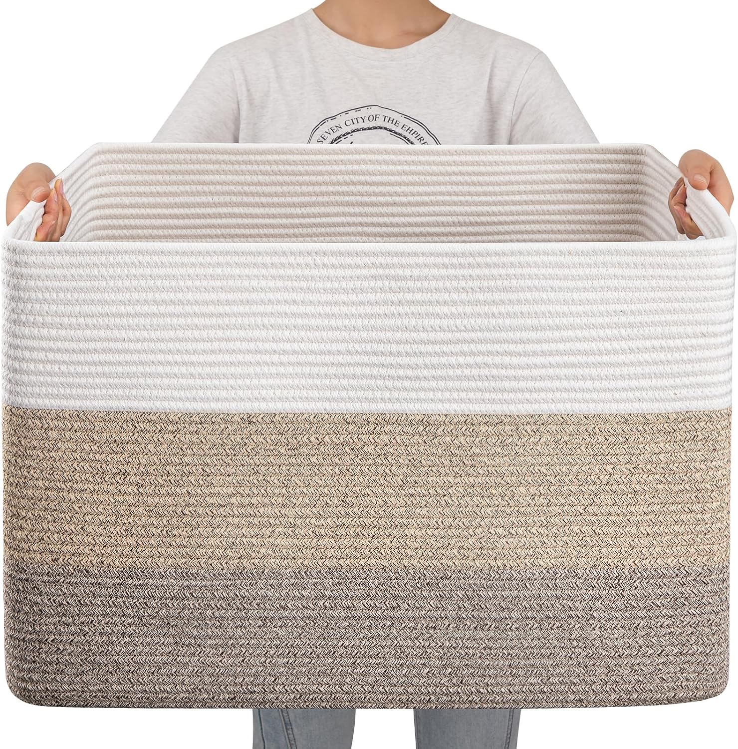 OIAHOMY 108L Super Large Blanket Basket, 25"x16"x16"(108L) Rectangle Woven Baskets for Storage, Cotton Rope Basket For Living Room