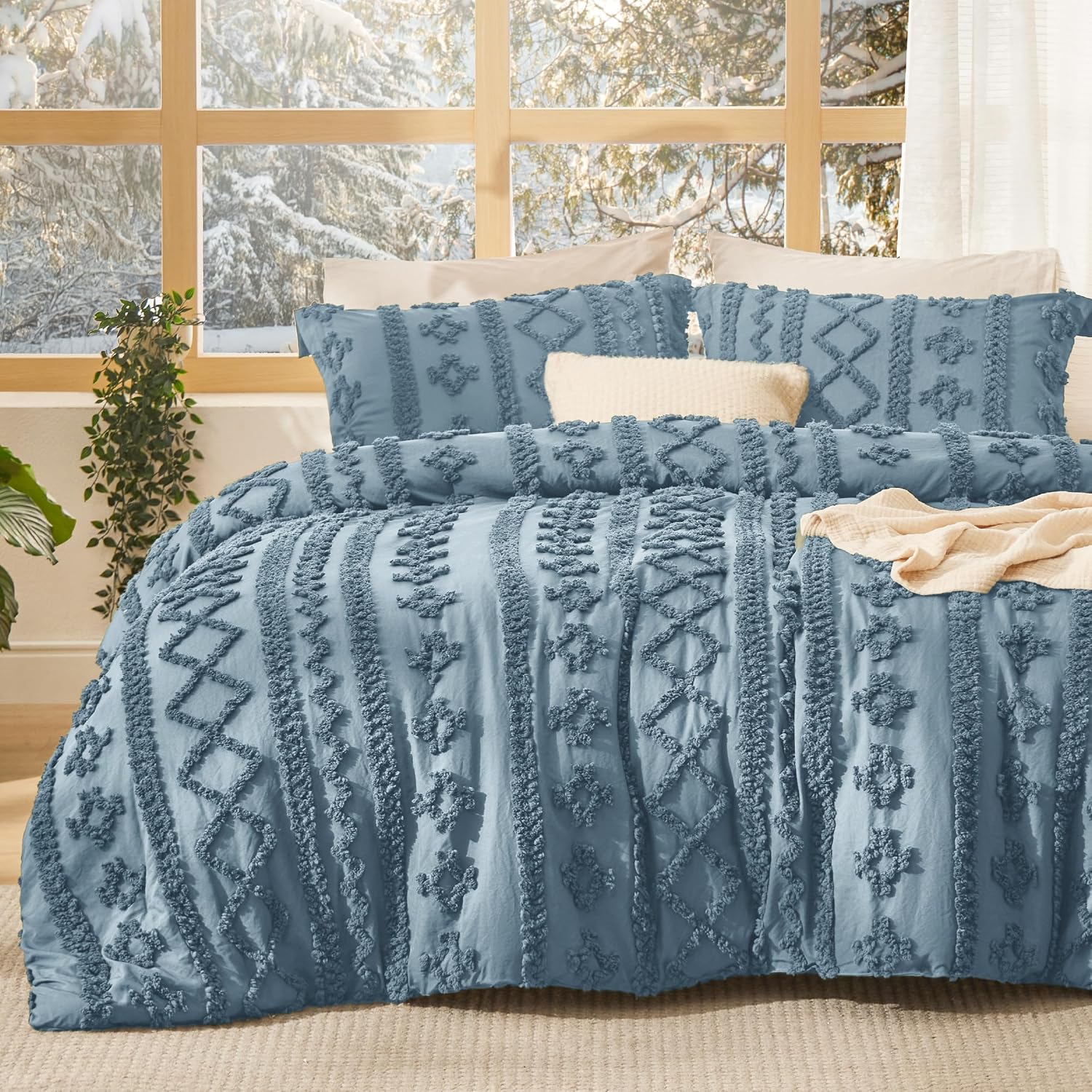 Bedsure Tufted Boho Comforter Set Queen Size - Linen Boho Bed Set, GentleSoft™ 3 Pieces Farmhouse-Style Embroidery Bedding, Gifts for Woman