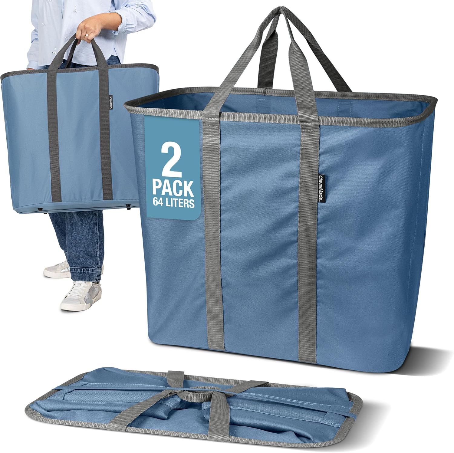 CleverMade Collapsible Laundry Caddy, 64L, 2 Pack, Black Gray, A reinforced rim and base keep it upright for loading. Comfortable handles move up to 2