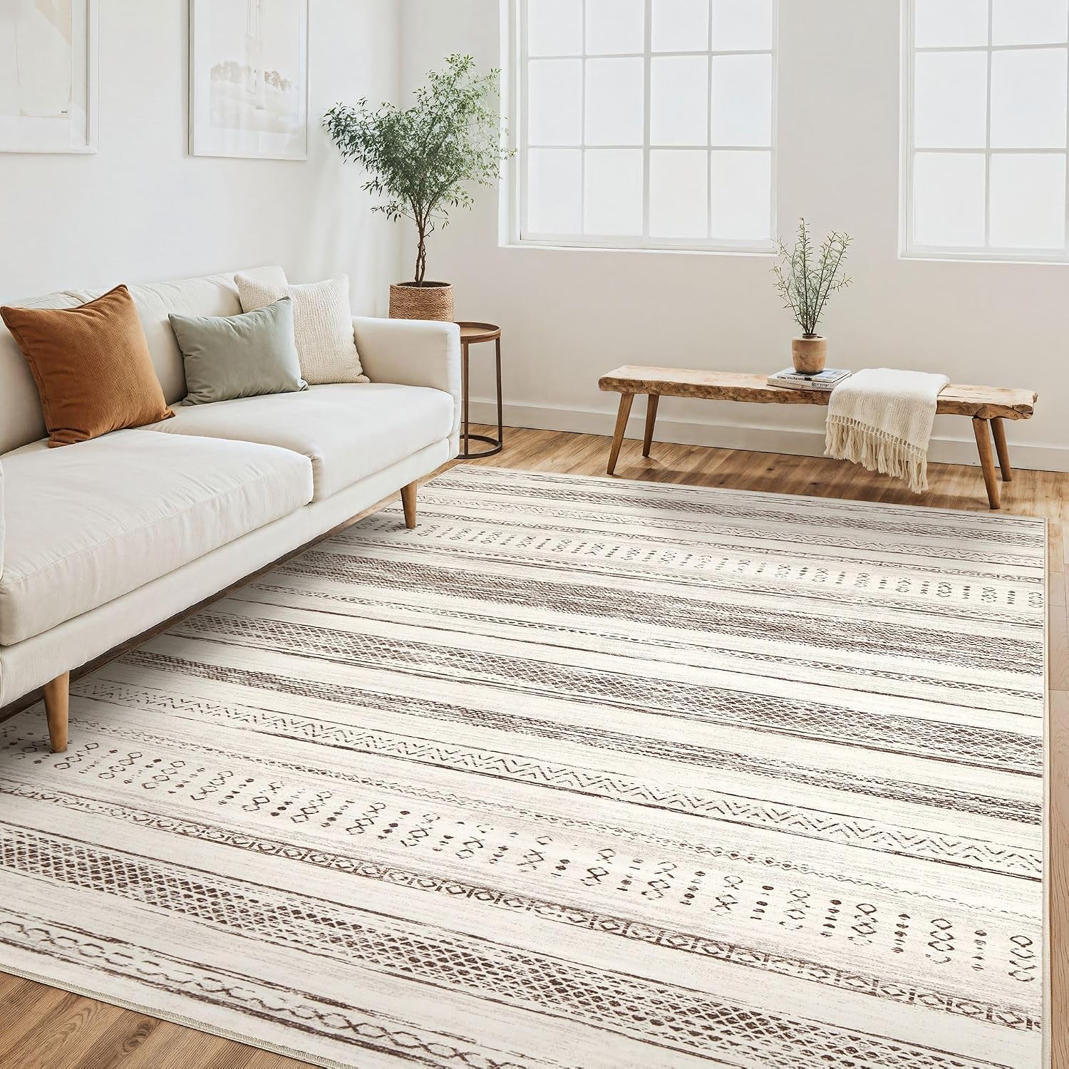Tortania Area Rug Living Room Rugs - 10x12 Washable Large Soft Neutral Boho Moroccan Bohemian Farmhouse Rug Indoor Floor Carpet for Bedroom Under