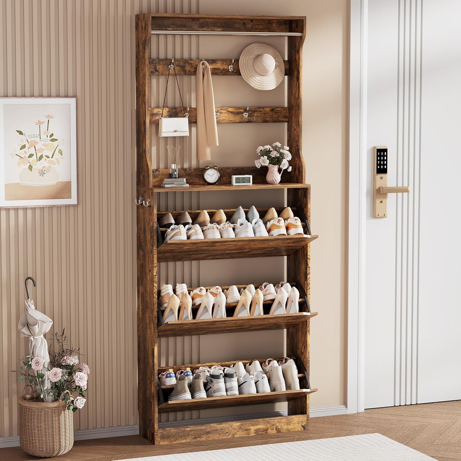 Shoe Storage Cabinet, Wood Shoe Organizer for Entryway with 3 Flip Drawers, Freestanding Shoe Rack with Adjustable Shelf