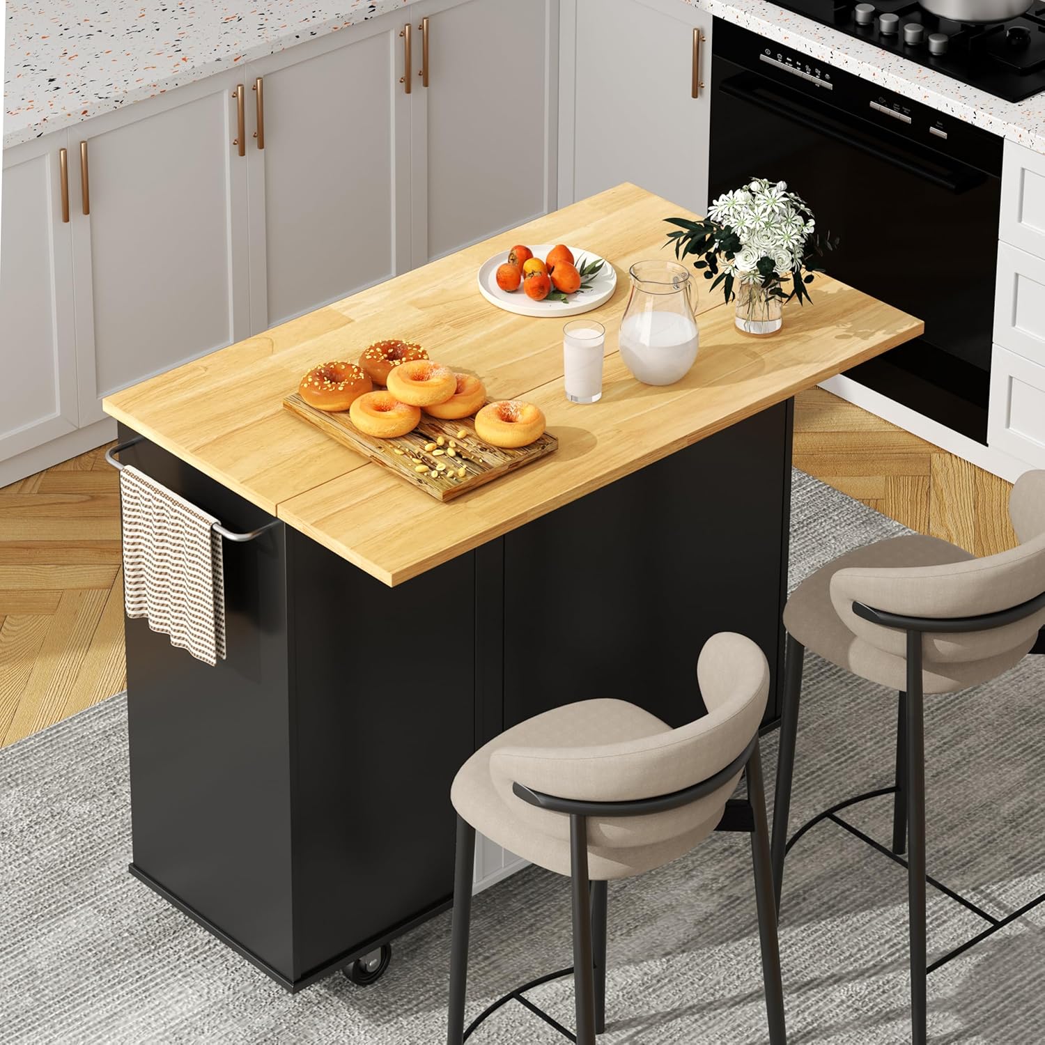 Shintenchi Kitchen Island Cart with Storage, Rolling Kitchen Island Side Table on Wheels with Large Worktop, Storage Cabinet, Towel Rack