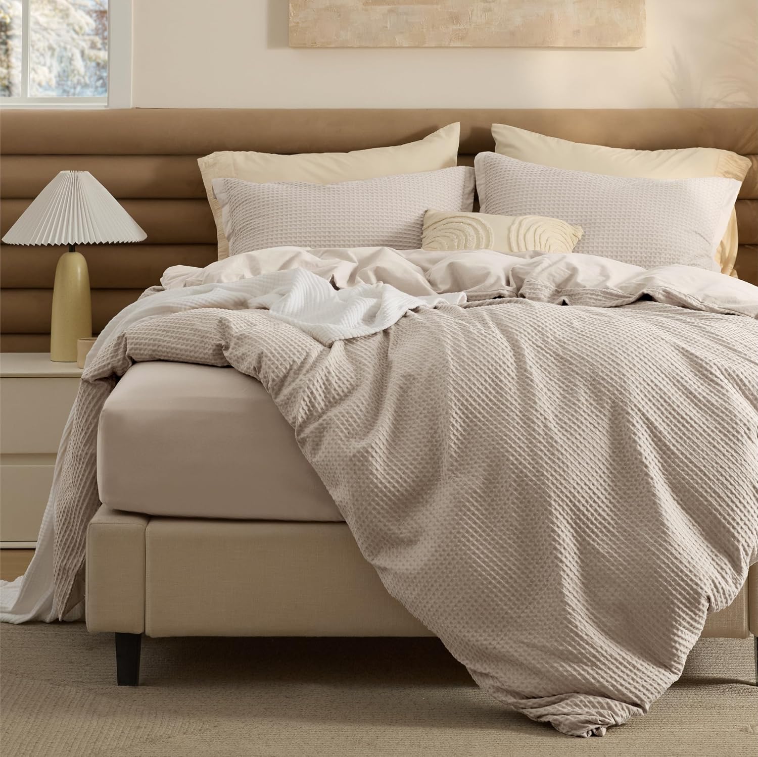 Bedsure Cotton Duvet Cover Queen - 100% Cotton Waffle Weave Coconut White Duvet Cover Queen Size, PureWoven Breathable Bedding Set for All Season