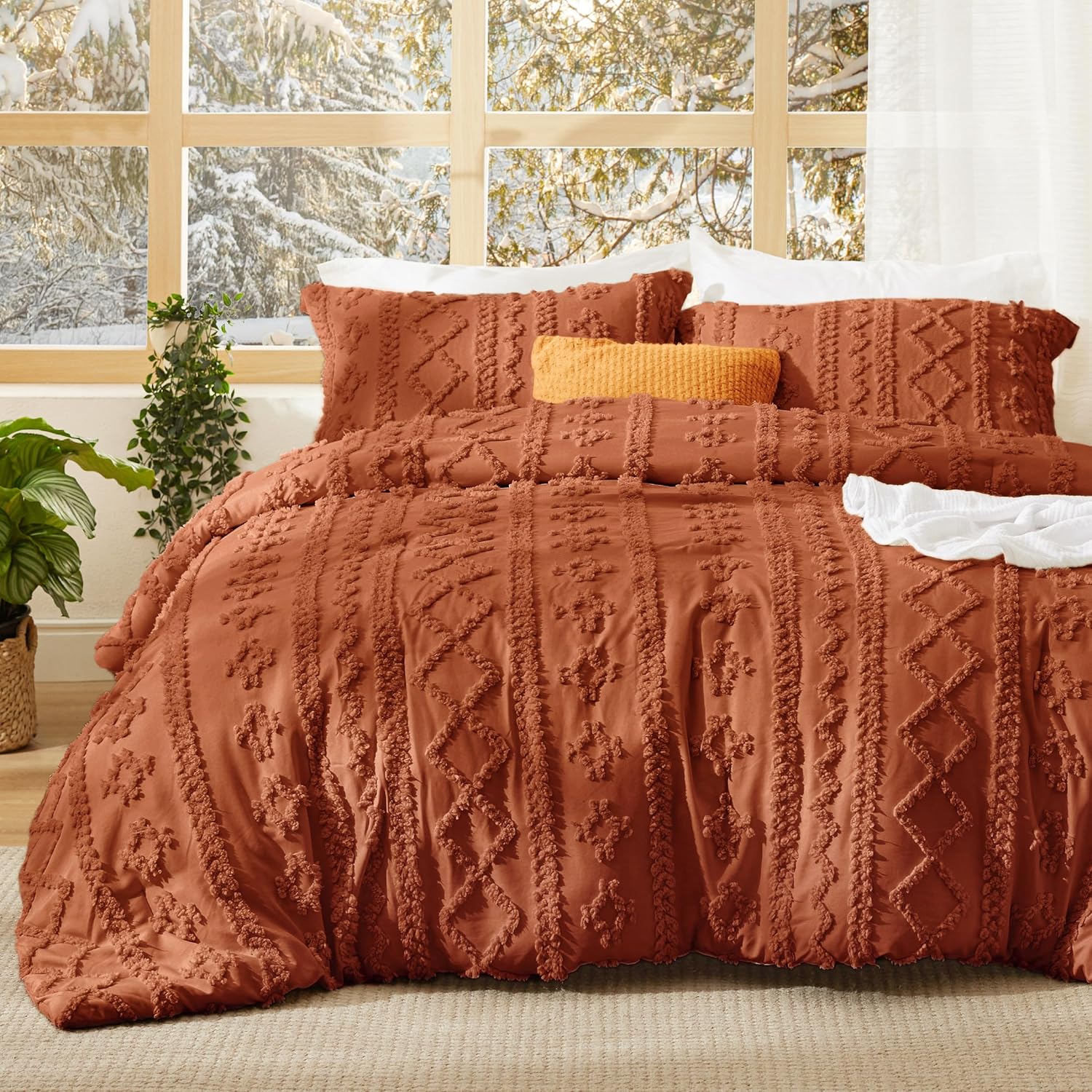 Bedsure Tufted Boho Comforter Set Queen Size - Linen Boho Bed Set, GentleSoft™ 3 Pieces Farmhouse-Style Embroidery Bedding, Gifts for Woman