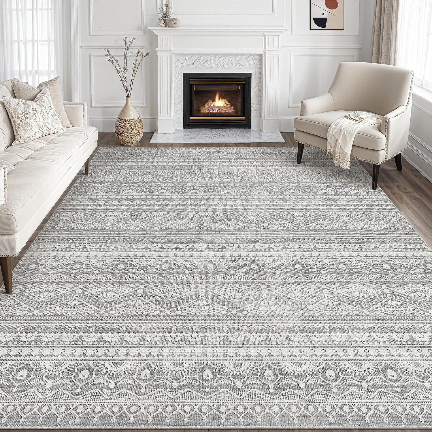 Tortania Area Rug Living Room Rugs - 10x12 Washable Large Soft Neutral Boho Moroccan Bohemian Farmhouse Rug Indoor Floor Carpet for Bedroom Under