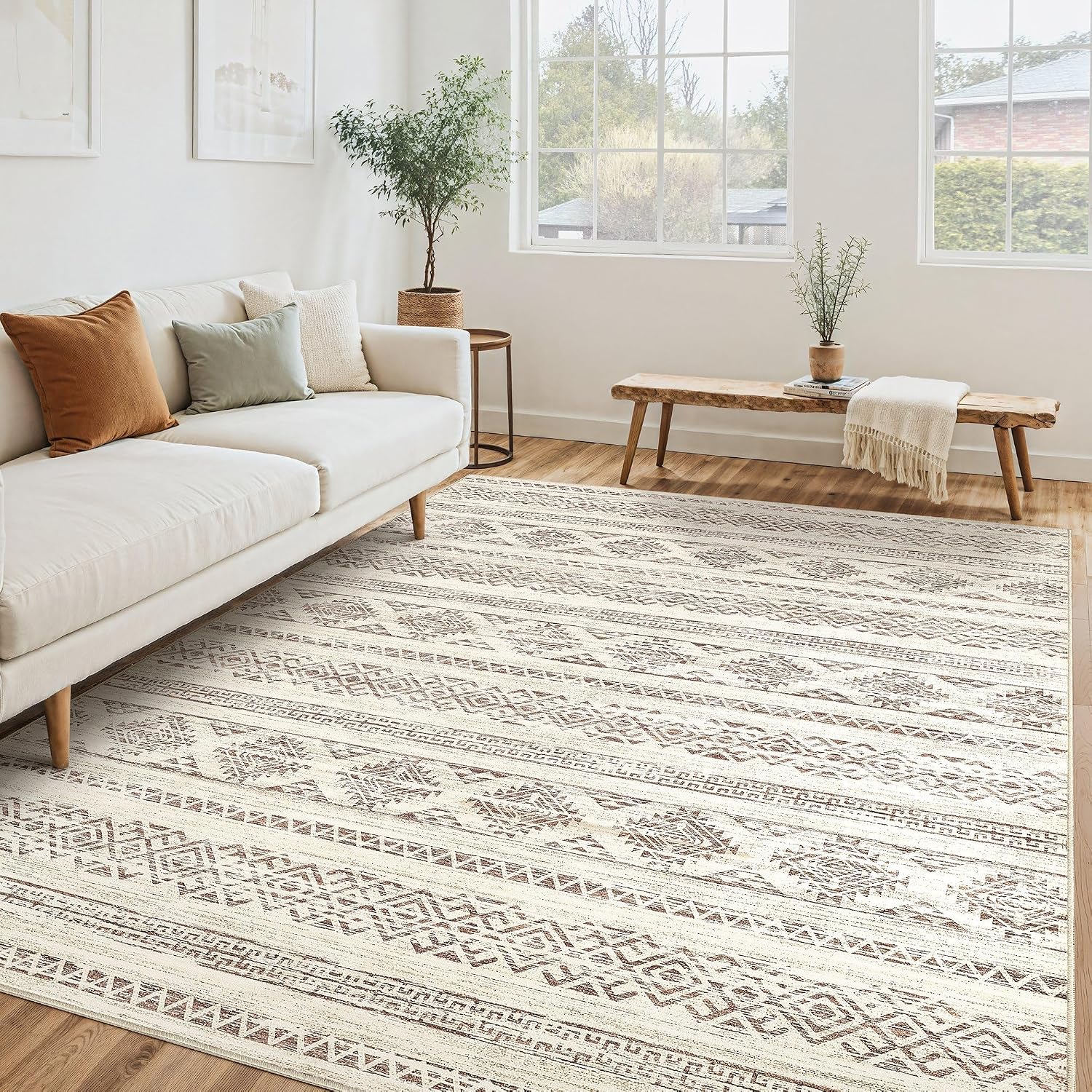 Tortania Area Rug Living Room Rugs - 10x12 Washable Large Soft Neutral Boho Moroccan Bohemian Farmhouse Rug Indoor Floor Carpet for Bedroom Under