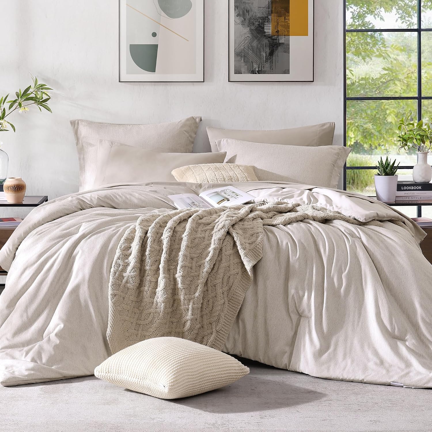 Monbix King Size Comforter Set, Olive Green King Bed Set Reversible, King Size Comforter Set 7 Pieces, Cationic Dyeing Bed in a Bag with Comforter