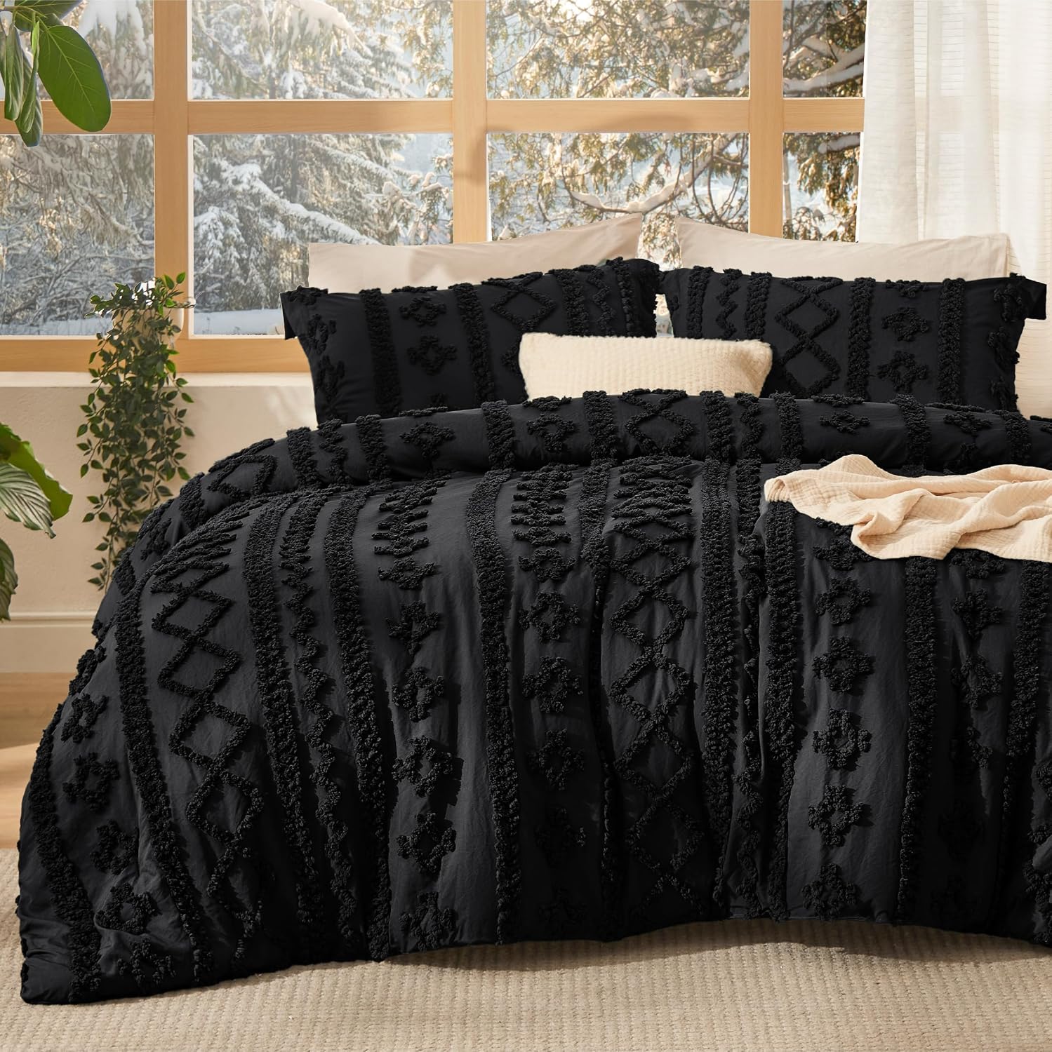 Bedsure Tufted Boho Comforter Set Queen Size - Linen Boho Bed Set, GentleSoft™ 3 Pieces Farmhouse-Style Embroidery Bedding, Gifts for Woman