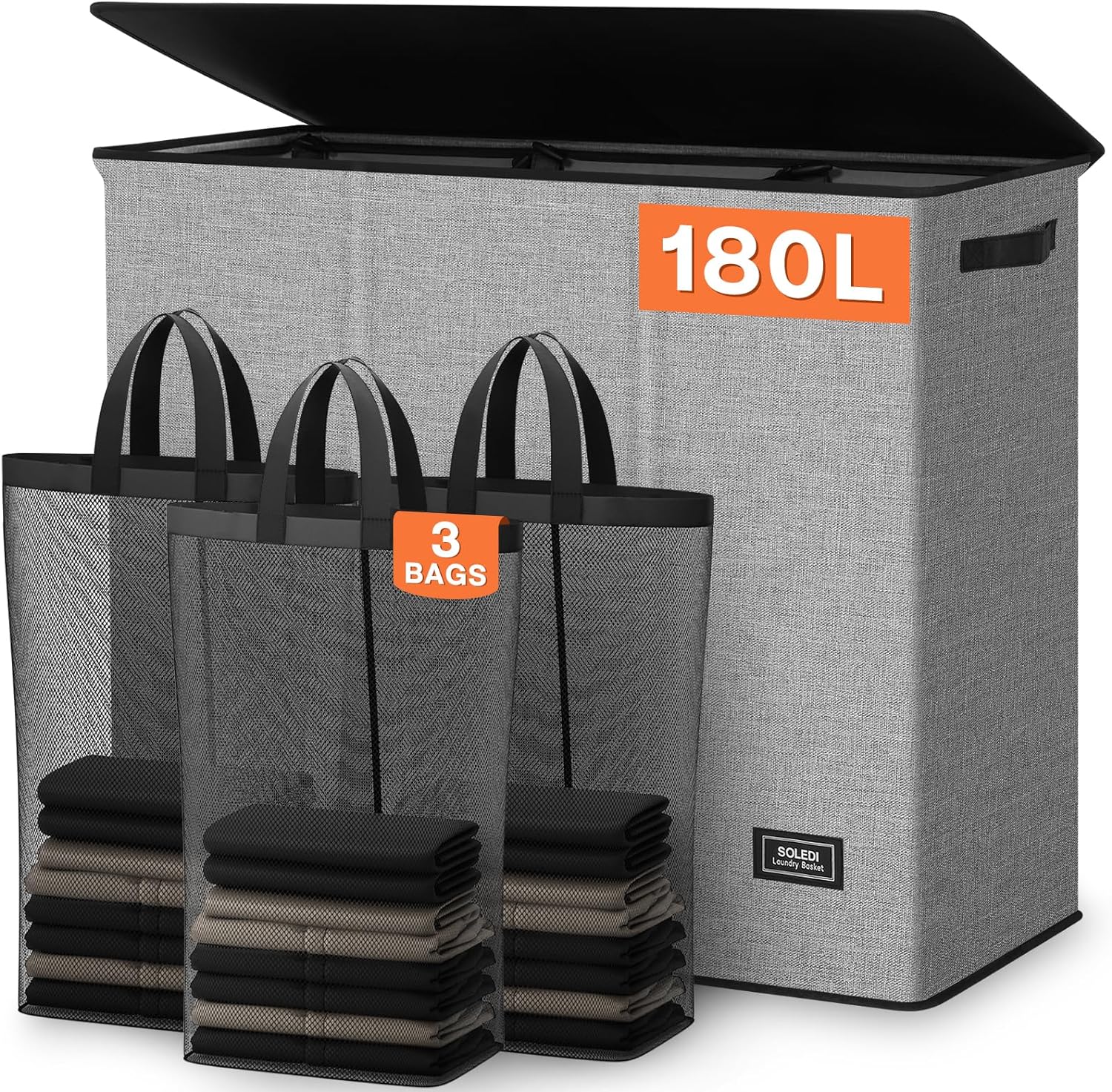 SOLEDI 180L Laundry Hamper 3 Section, Extra Large Laundry Hamper with Lid, Dirty Clothes Hamper with Sturdy Handle