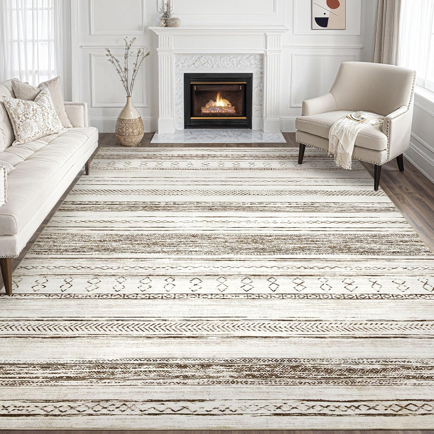 Tortania Area Rug Living Room Rugs - 10x12 Washable Large Soft Neutral Boho Moroccan Bohemian Farmhouse Rug Indoor Floor Carpet for Bedroom Under