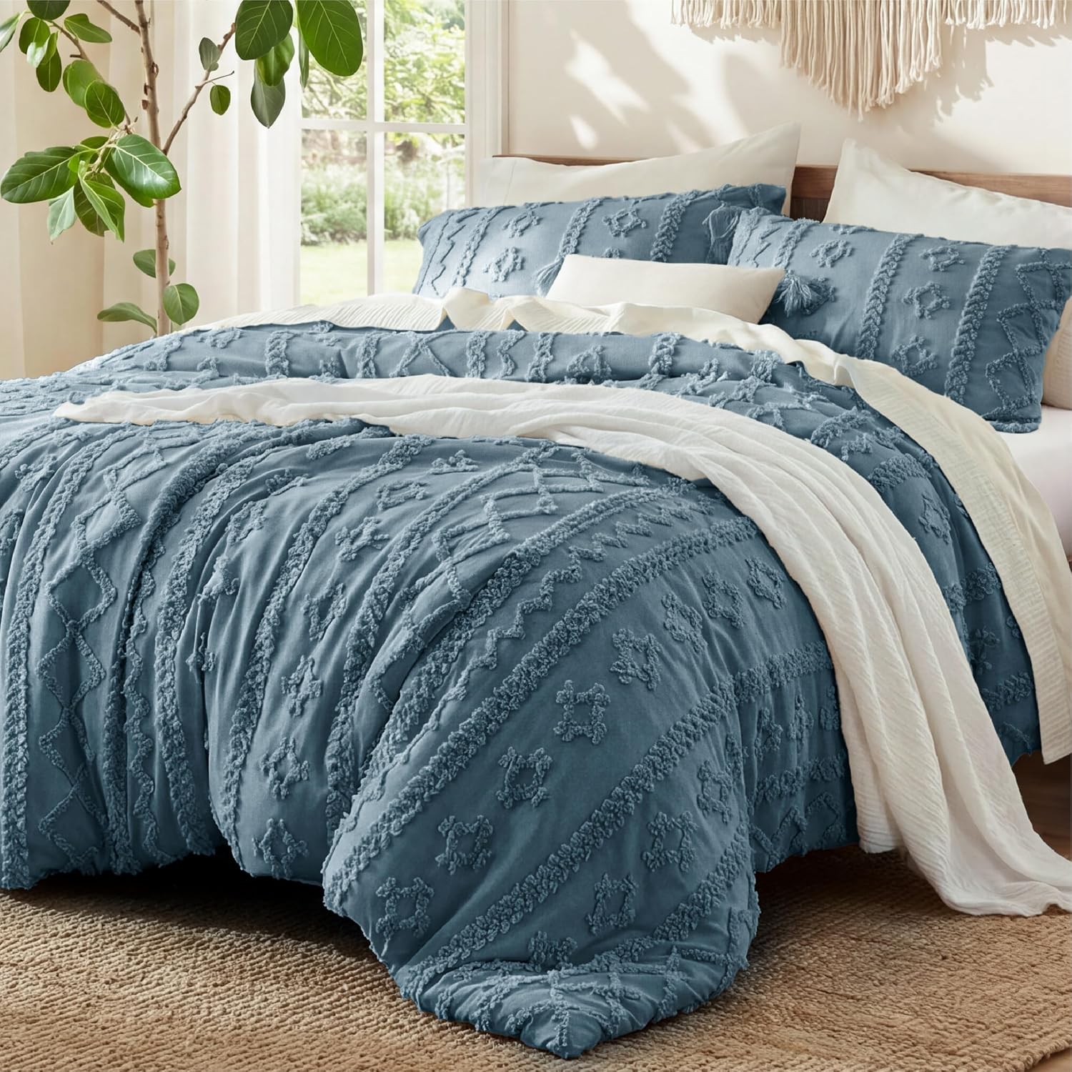 Bedsure Tufted Boho Comforter Set Queen Size - Linen Boho Bed Set, GentleSoft™ 3 Pieces Farmhouse-Style Embroidery Bedding, Gifts for Woman