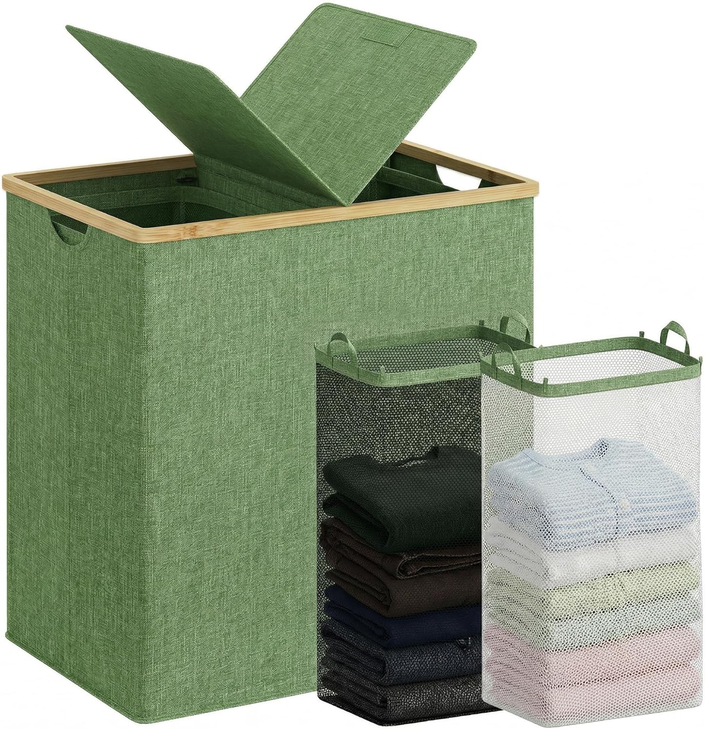 efluky Laundry Hamper with Lid, Double Laundry Basket with 2 Removable Bags, 2 Section Laundry Bin with Bamboo Handles for Bathroom