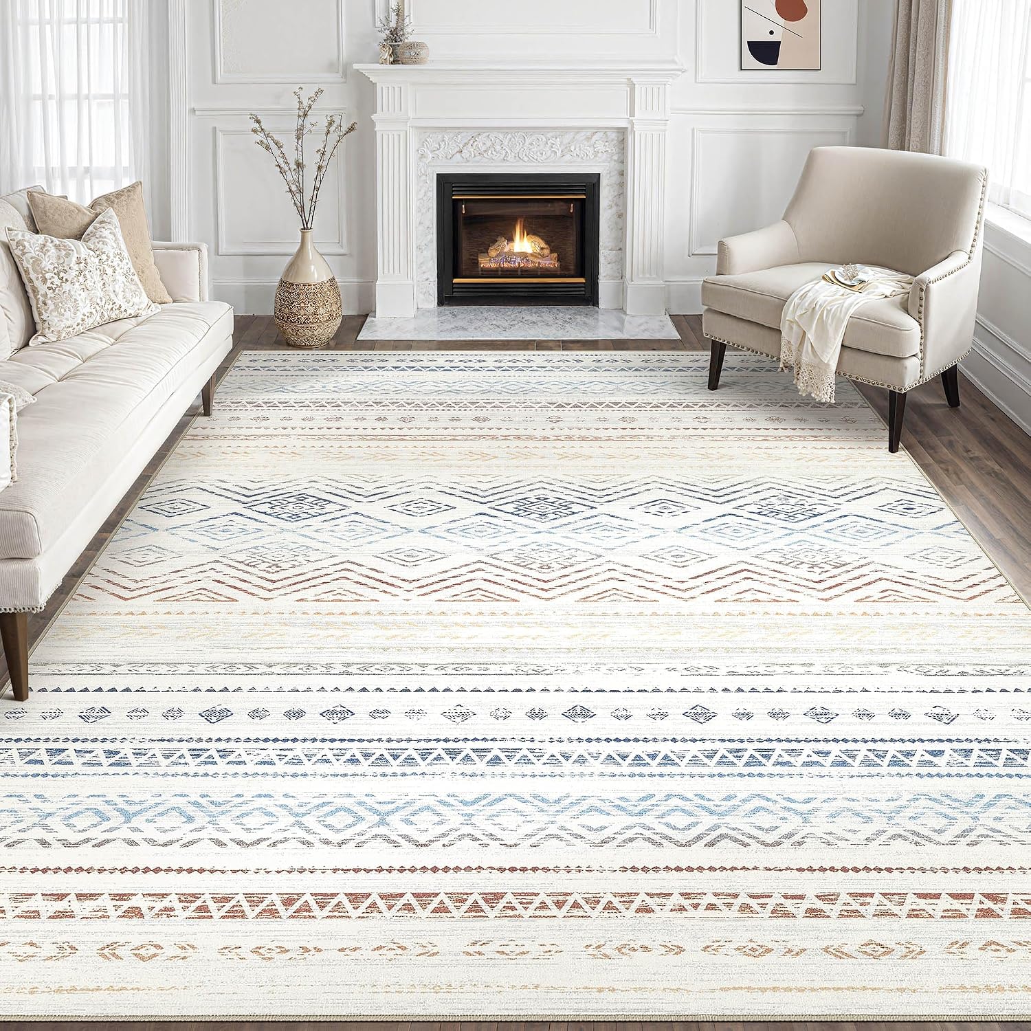 Tortania Area Rug Living Room Rugs - 10x12 Washable Large Soft Neutral Boho Moroccan Bohemian Farmhouse Rug Indoor Floor Carpet for Bedroom Under