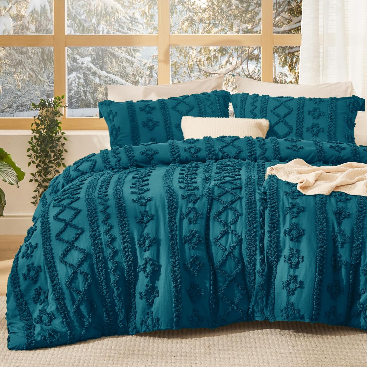 Bedsure Tufted Boho Comforter Set Queen Size - Linen Boho Bed Set, GentleSoft™ 3 Pieces Farmhouse-Style Embroidery Bedding, Gifts for Woman