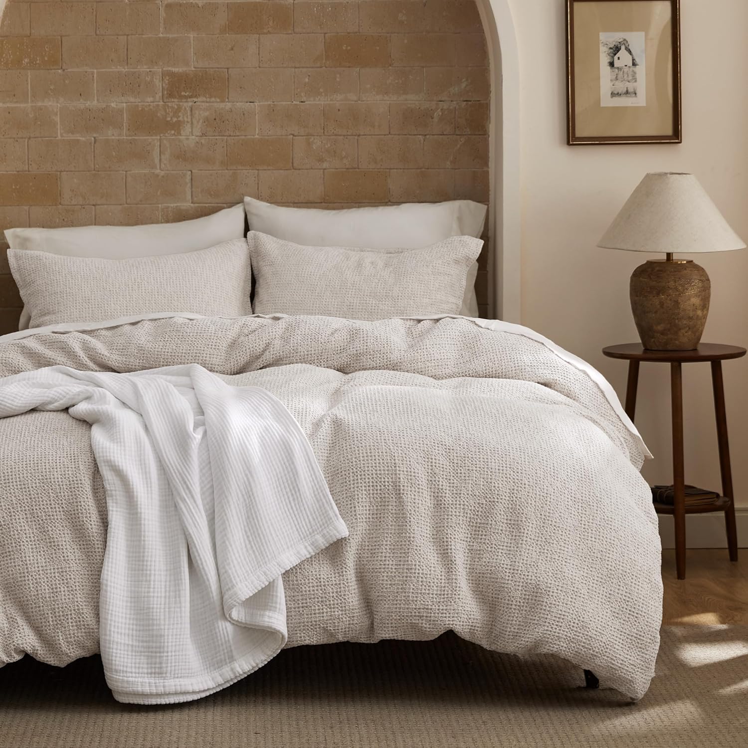 Bedsure Cotton Duvet Cover Queen - 100% Cotton Waffle Weave Coconut White Duvet Cover Queen Size, PureWoven Breathable Bedding Set for All Season